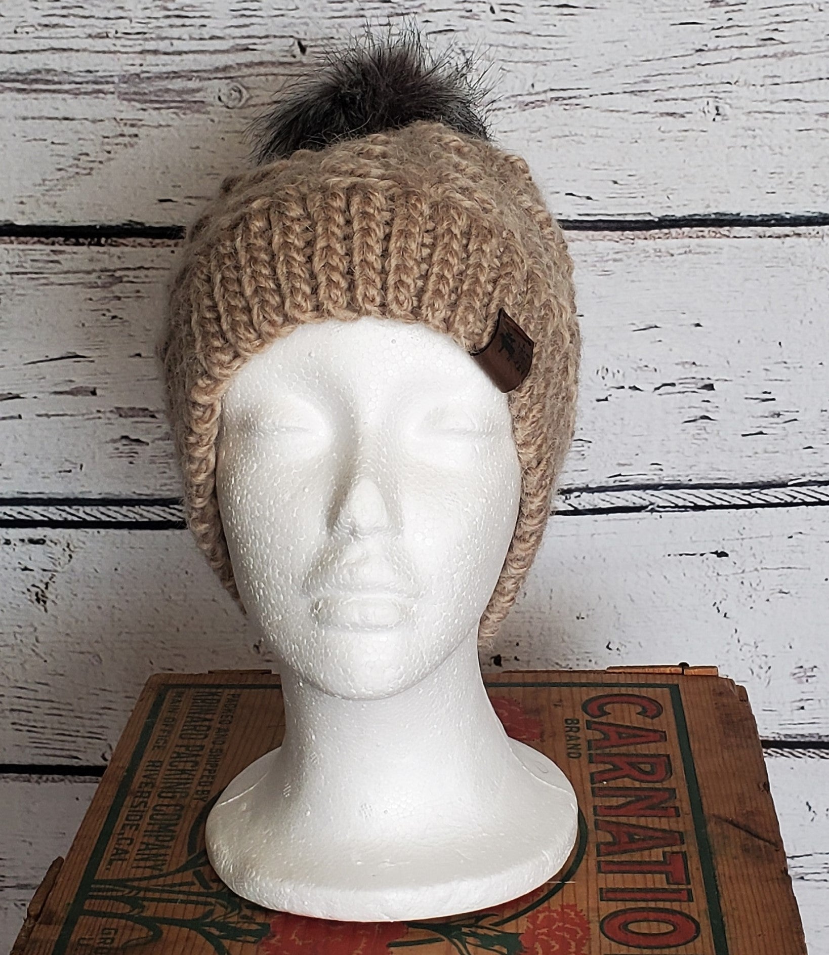 Taupe Alpaca Blend Wool Crochet Hat with Pom