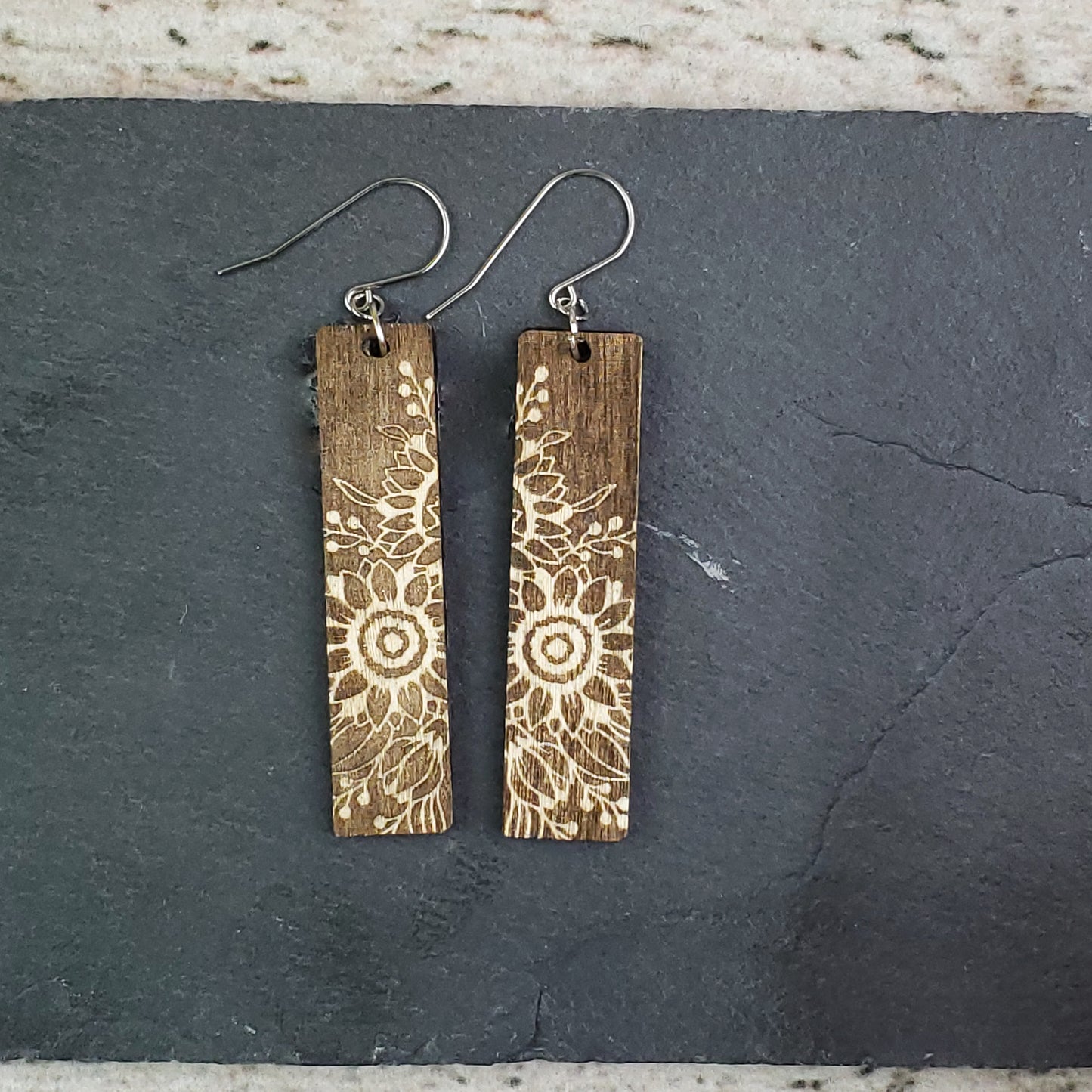 Large Rectangle Sunflower Engraved Wooden Earrings