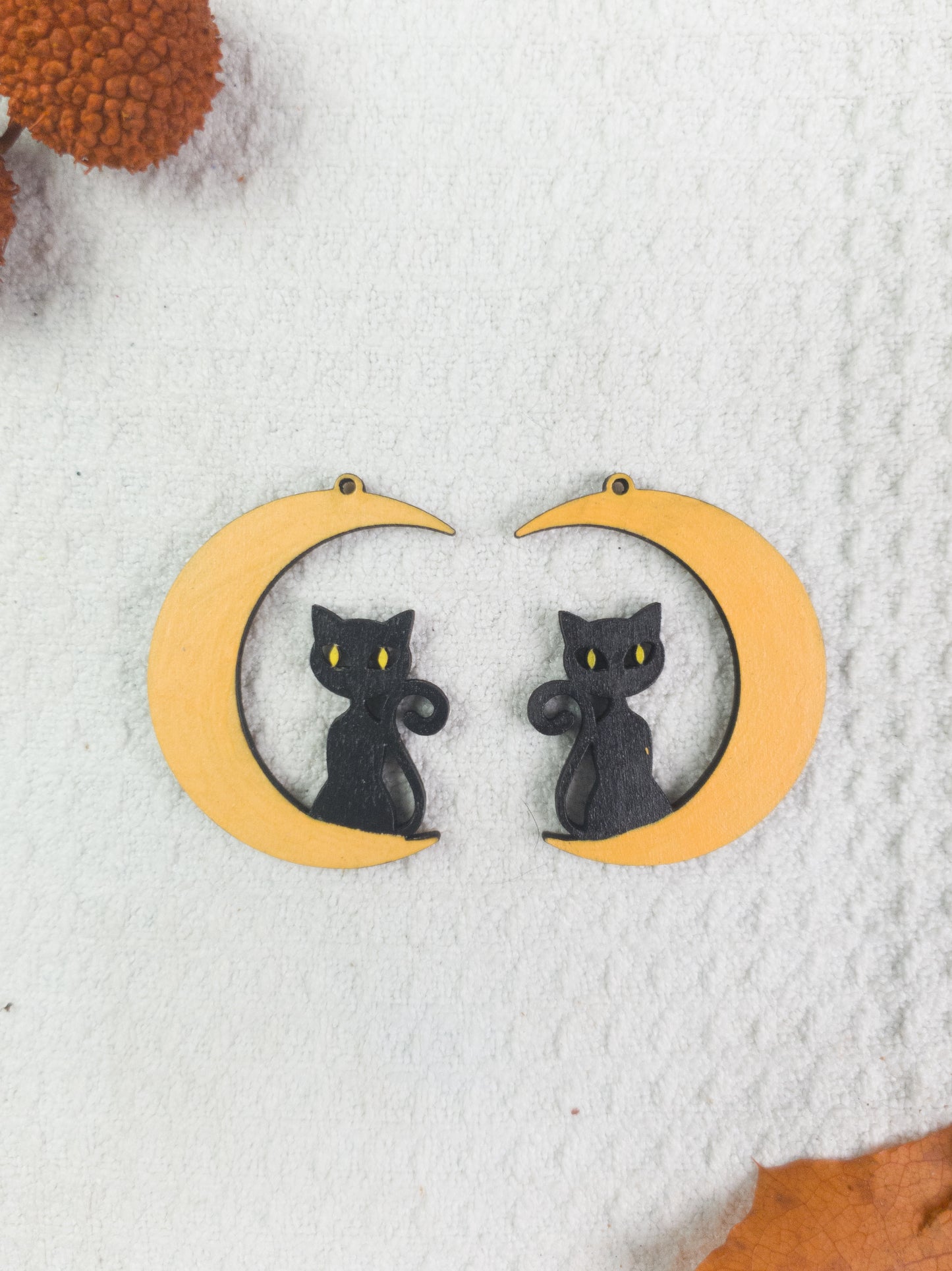 Black Cat with Yellow Eyes on Moon Halloween Earrings