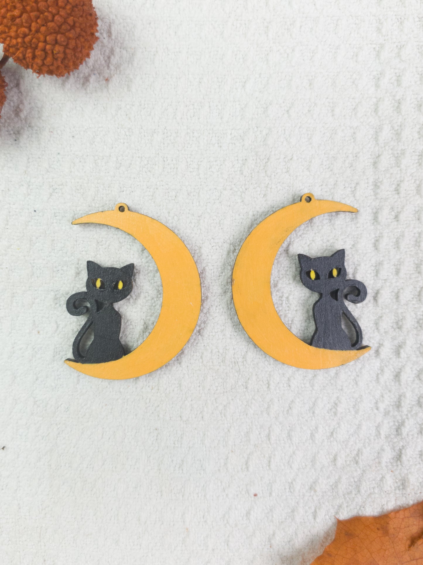 Black Cat with Yellow Eyes on Moon Halloween Earrings