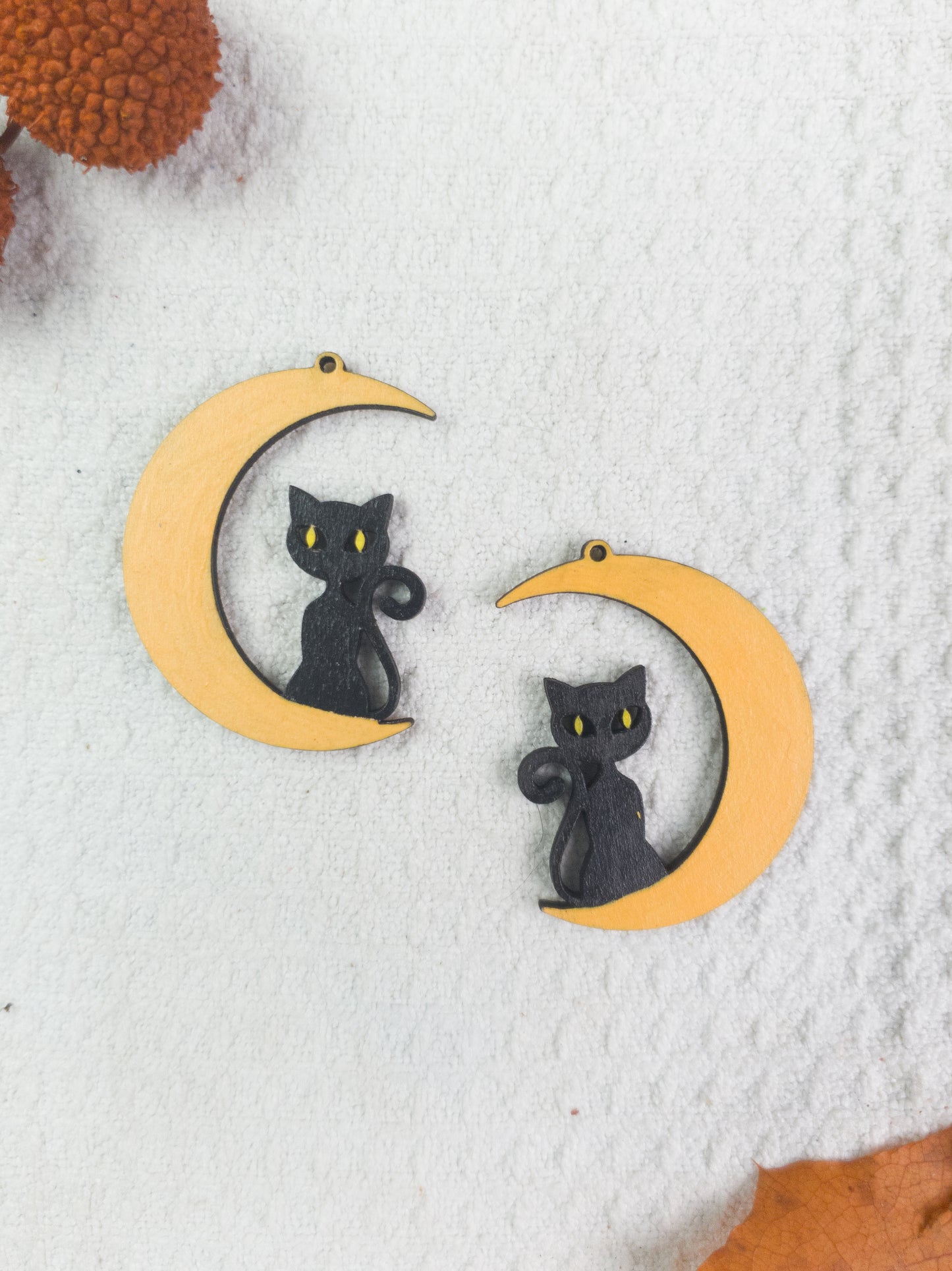 Black Cat with Yellow Eyes on Moon Halloween Earrings