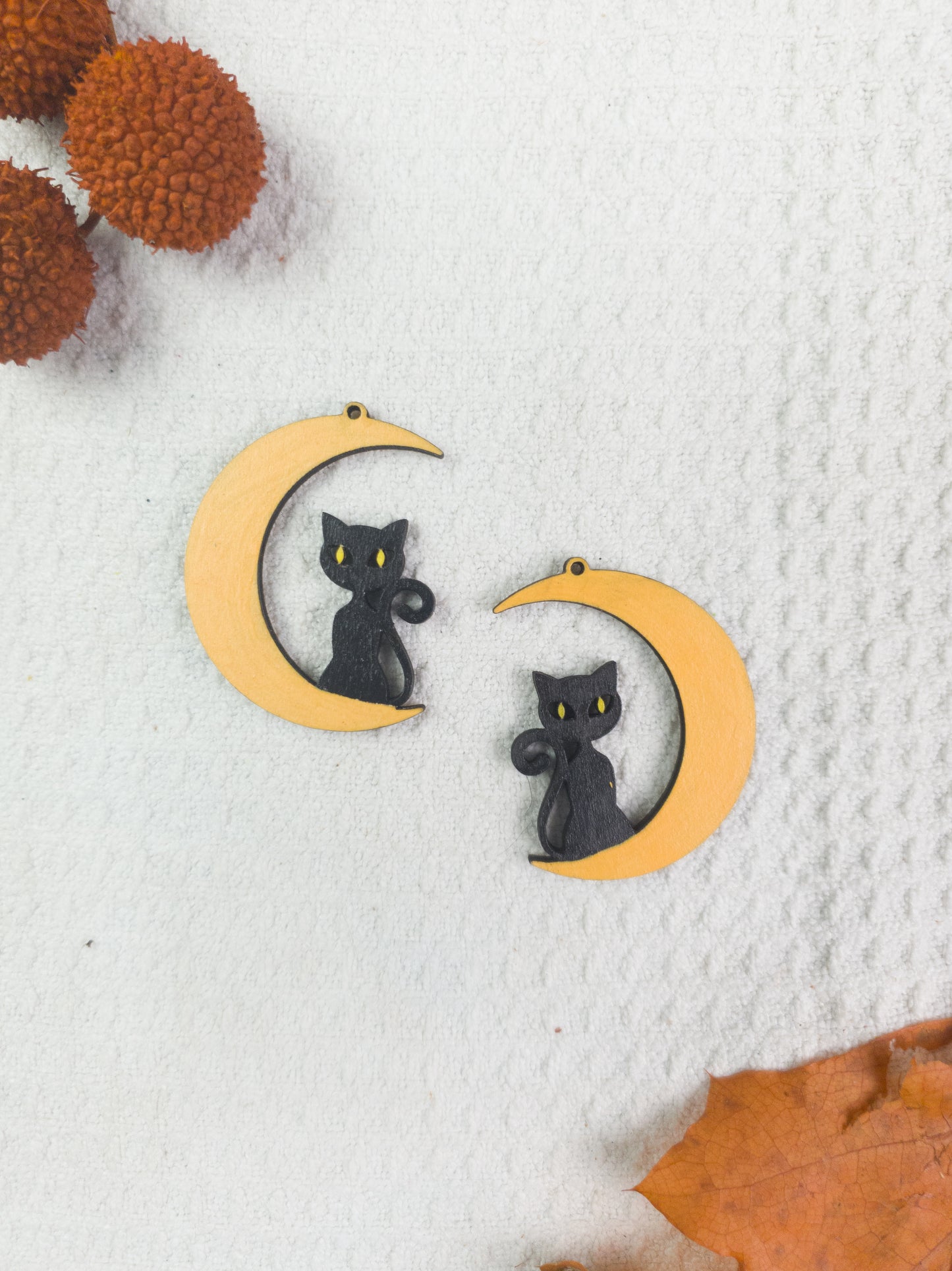 Black Cat with Yellow Eyes on Moon Halloween Earrings