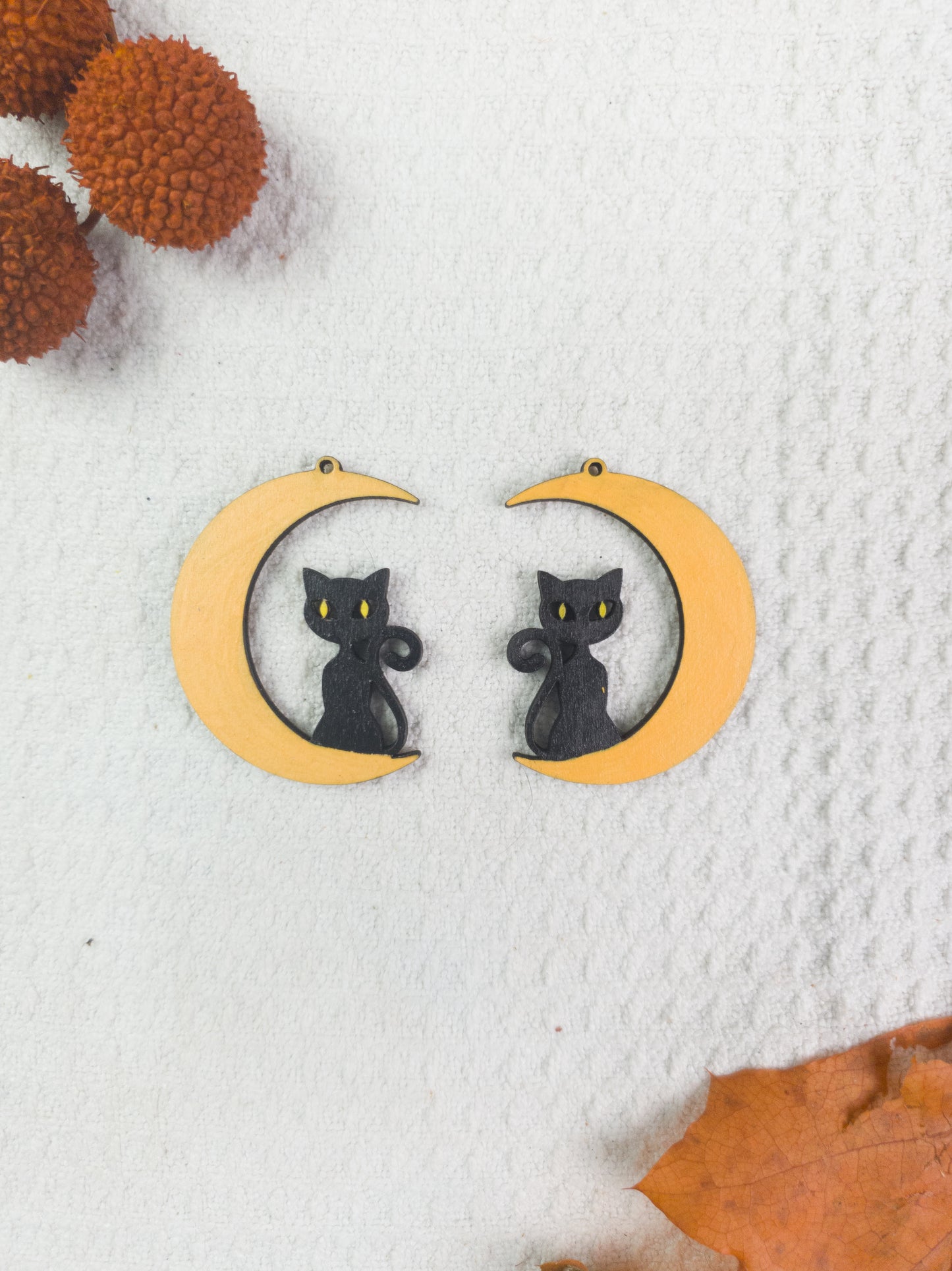 Black Cat with Yellow Eyes on Moon Halloween Earrings