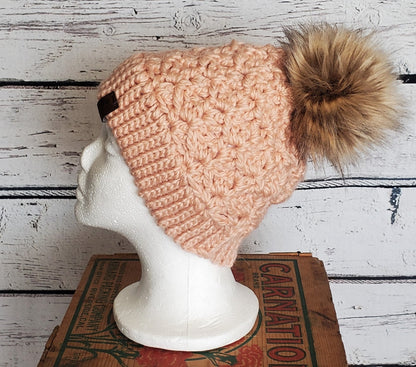 Blush Alpaca Blend Wool Crochet Hat with Pom - a-Farm-girl-bytess | Handmade Alpaca Wool Winter Hats for Women