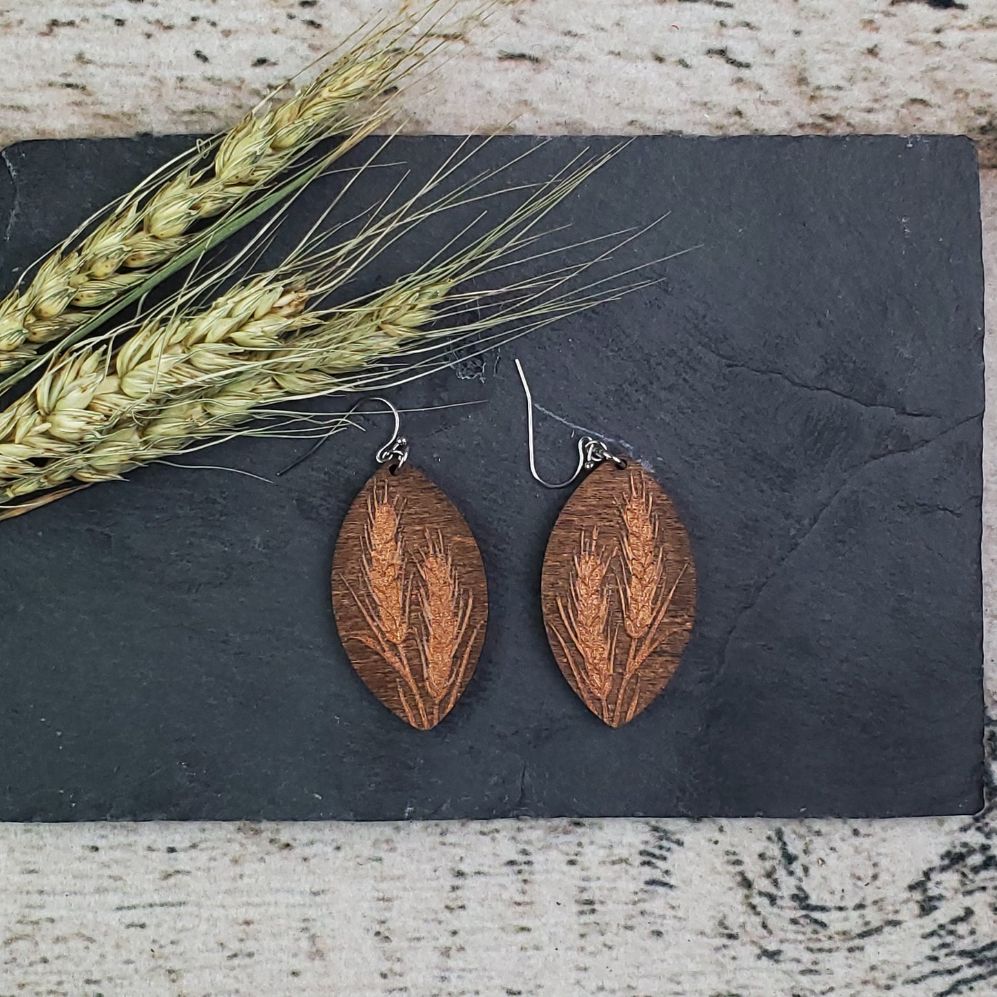 Bronze Wheat Reverse Engraved Wood Dangle Earrings - A Farm Girl by Tess | Handmade Alpaca Wool Winter Hats for Women