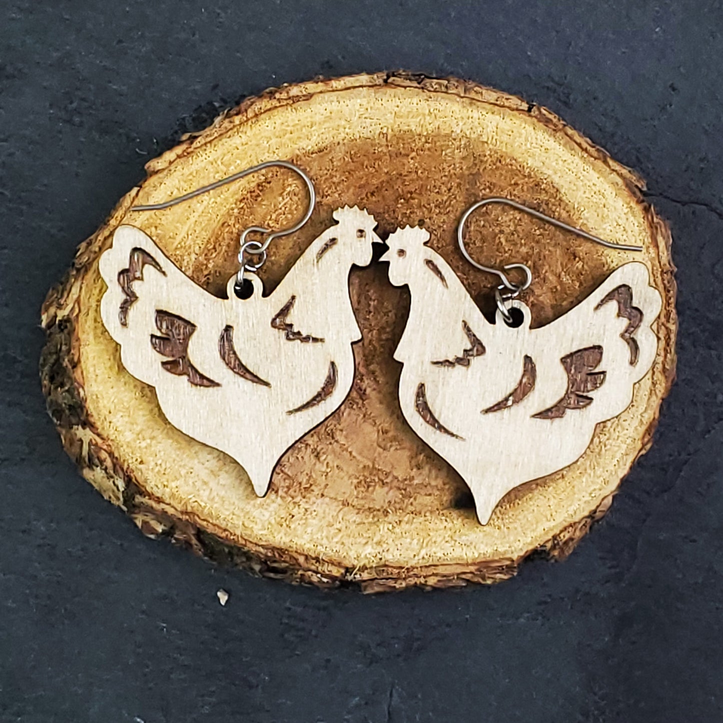 Cut-Out Chicken Wood Dangle Earrings - A Farm Girl by Tess | Handmade Alpaca Wool Winter Hats for Women