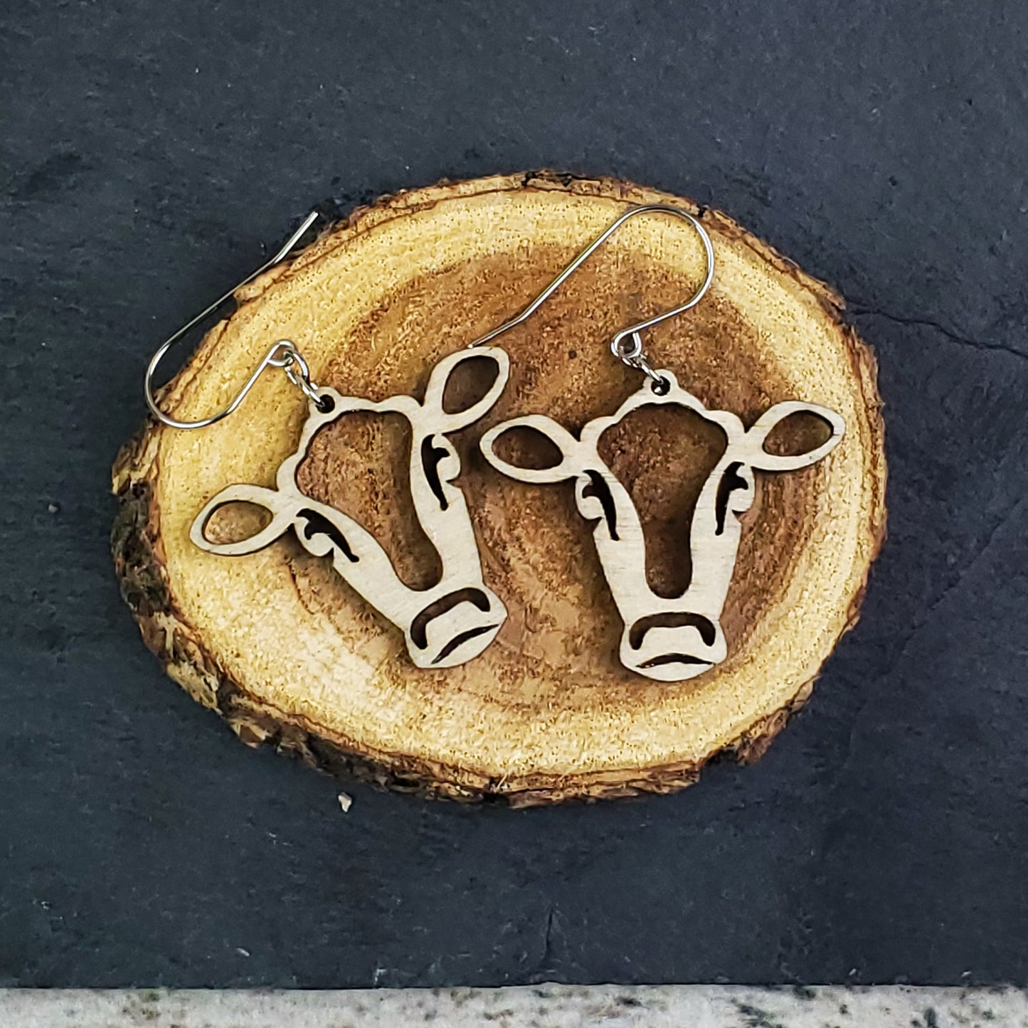 Cut-out Cow Wood Dangle Earrings - A Farm Girl by Tess | Handmade Alpaca Wool Winter Hats for Women