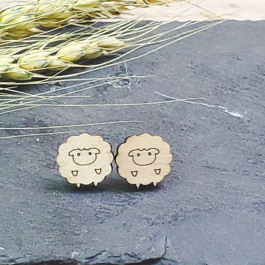 Cute Sheep Engraved Wood Earrings - A Farm Girl by Tess | Handmade Alpaca Wool Winter Hats for Women