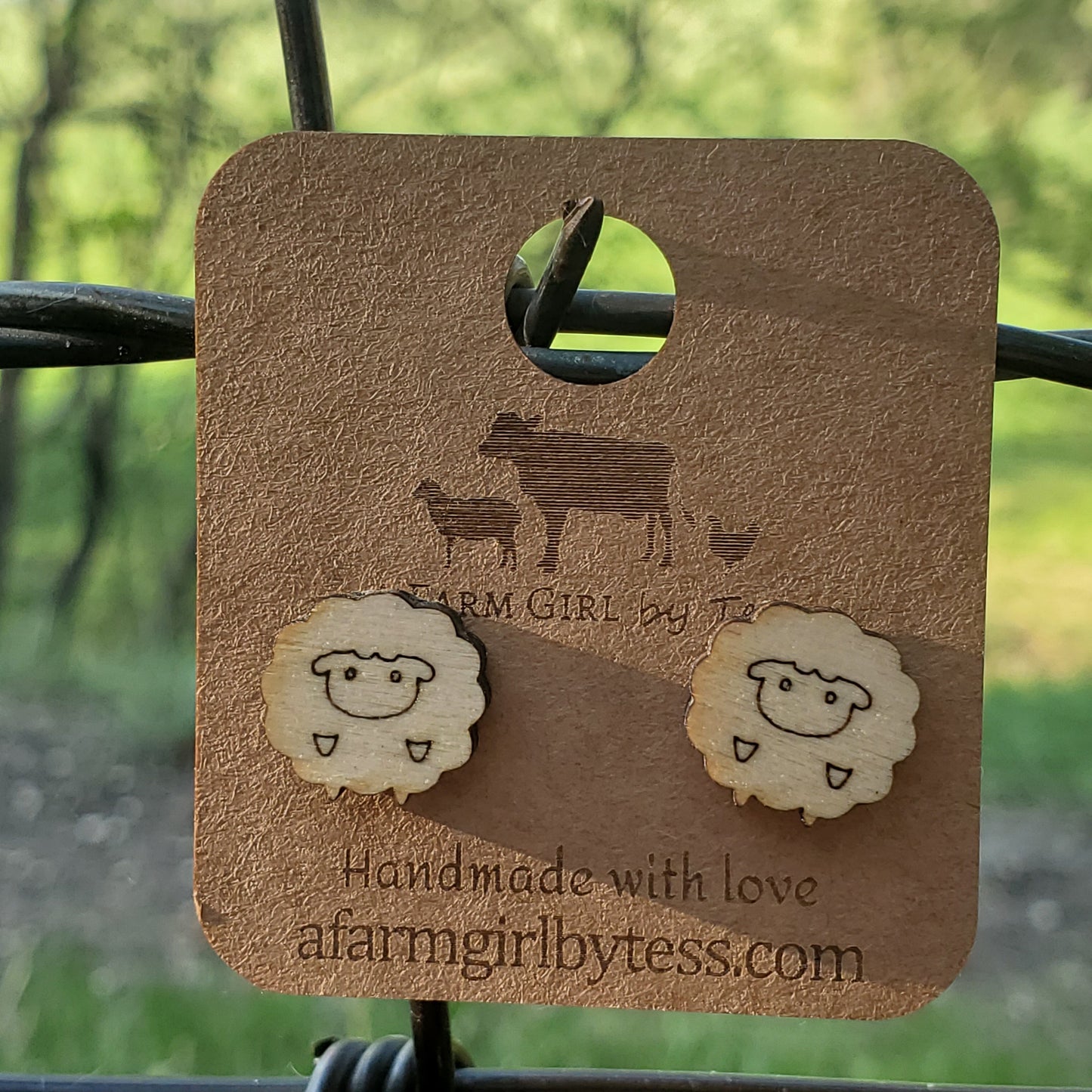 Cute Sheep Engraved Wood Earrings - A Farm Girl by Tess | Handmade Alpaca Wool Winter Hats for Women