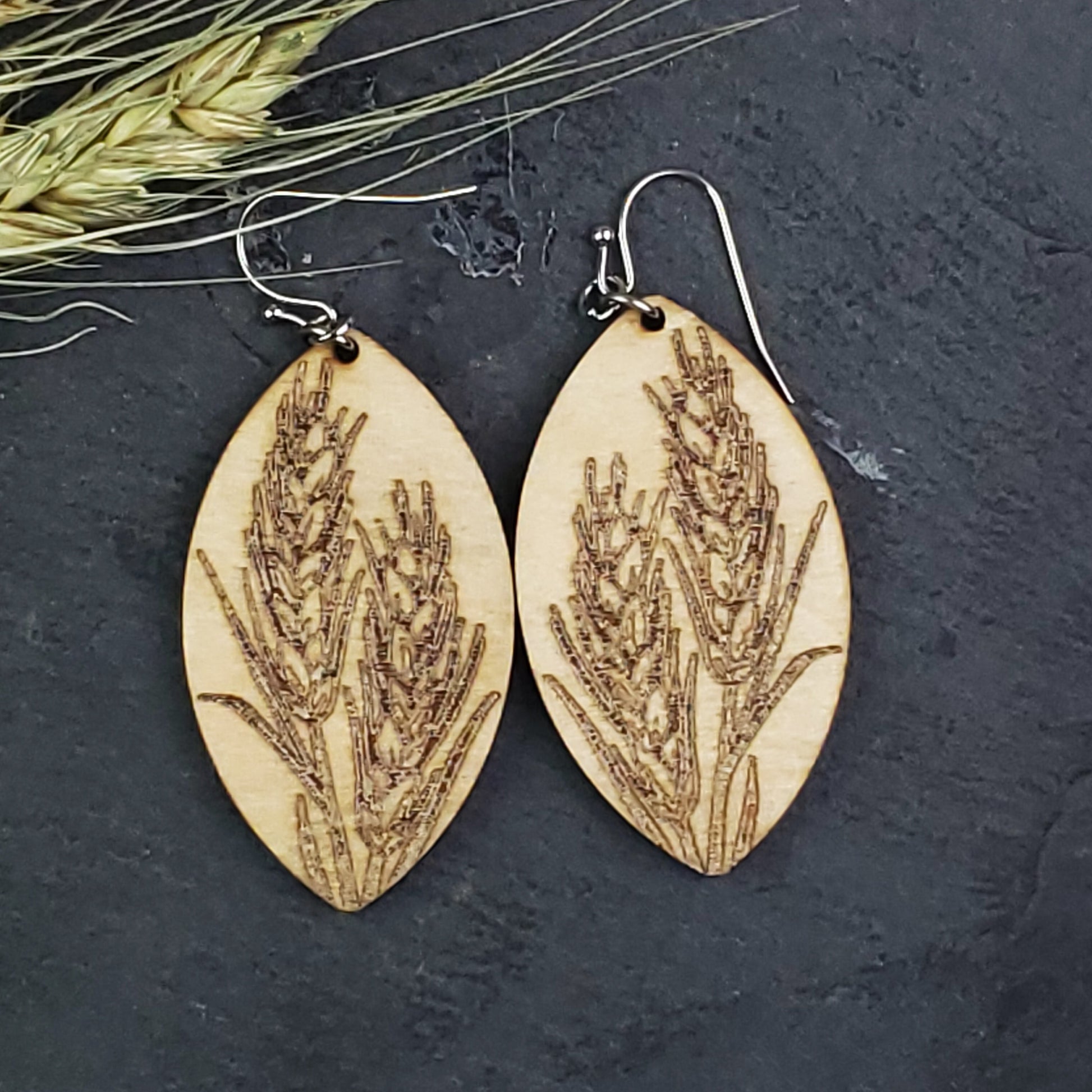 Elegant Wheat Wood Engraved Earrings - A Farm Girl by Tess | Handmade Alpaca Wool Winter Hats for Women