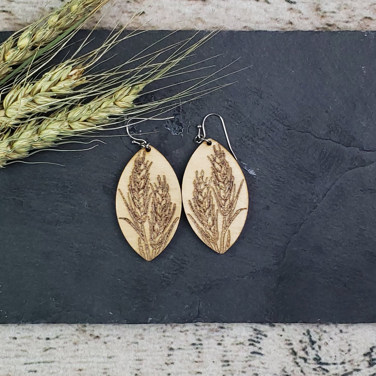 Elegant Wheat Wood Engraved Earrings - A Farm Girl by Tess | Handmade Alpaca Wool Winter Hats for Women