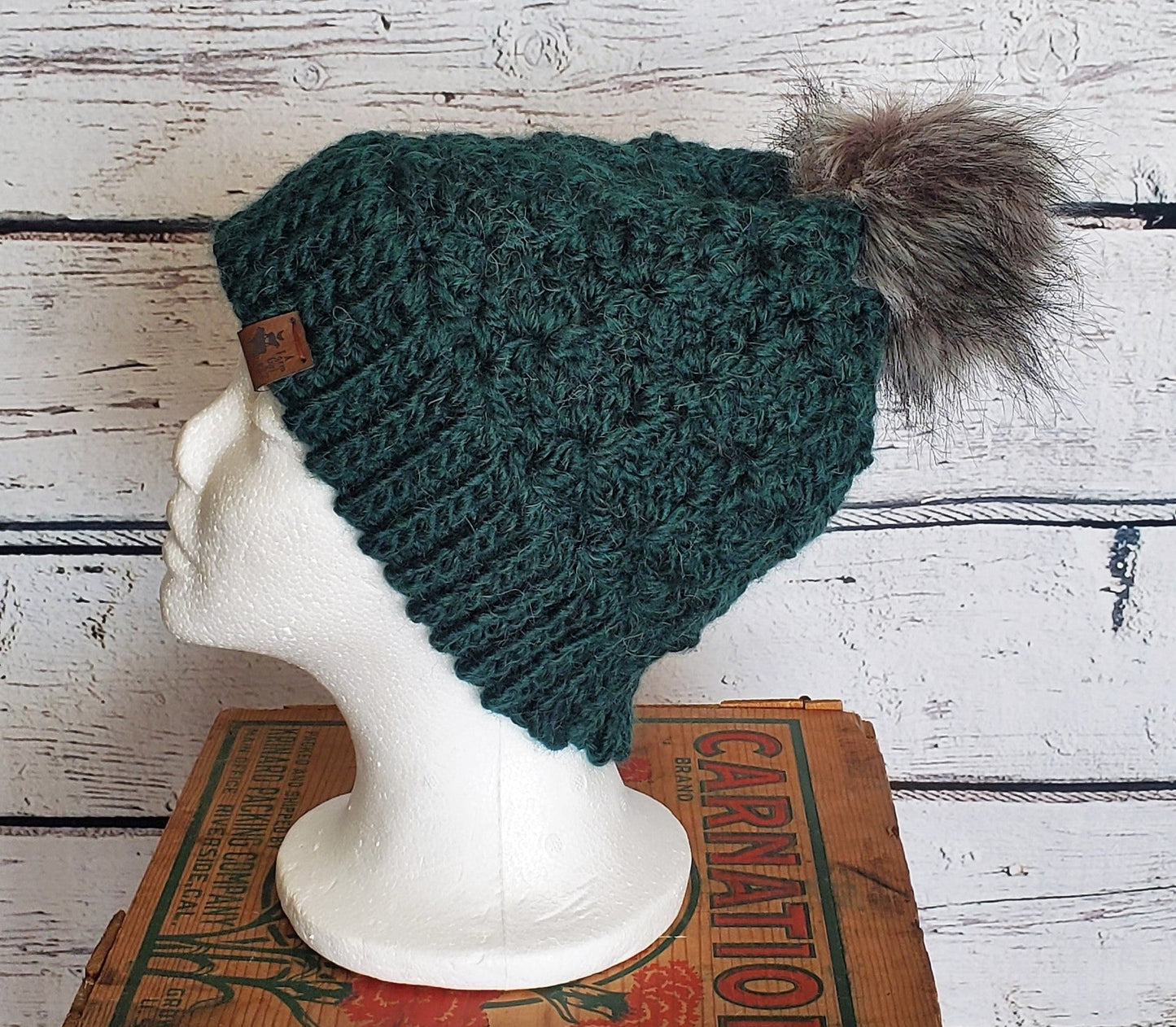 Evergreen Alpaca Blend Wool Crochet Hat with Pom - a-Farm-girl-bytess | Handmade Alpaca Wool Winter Hats for Women