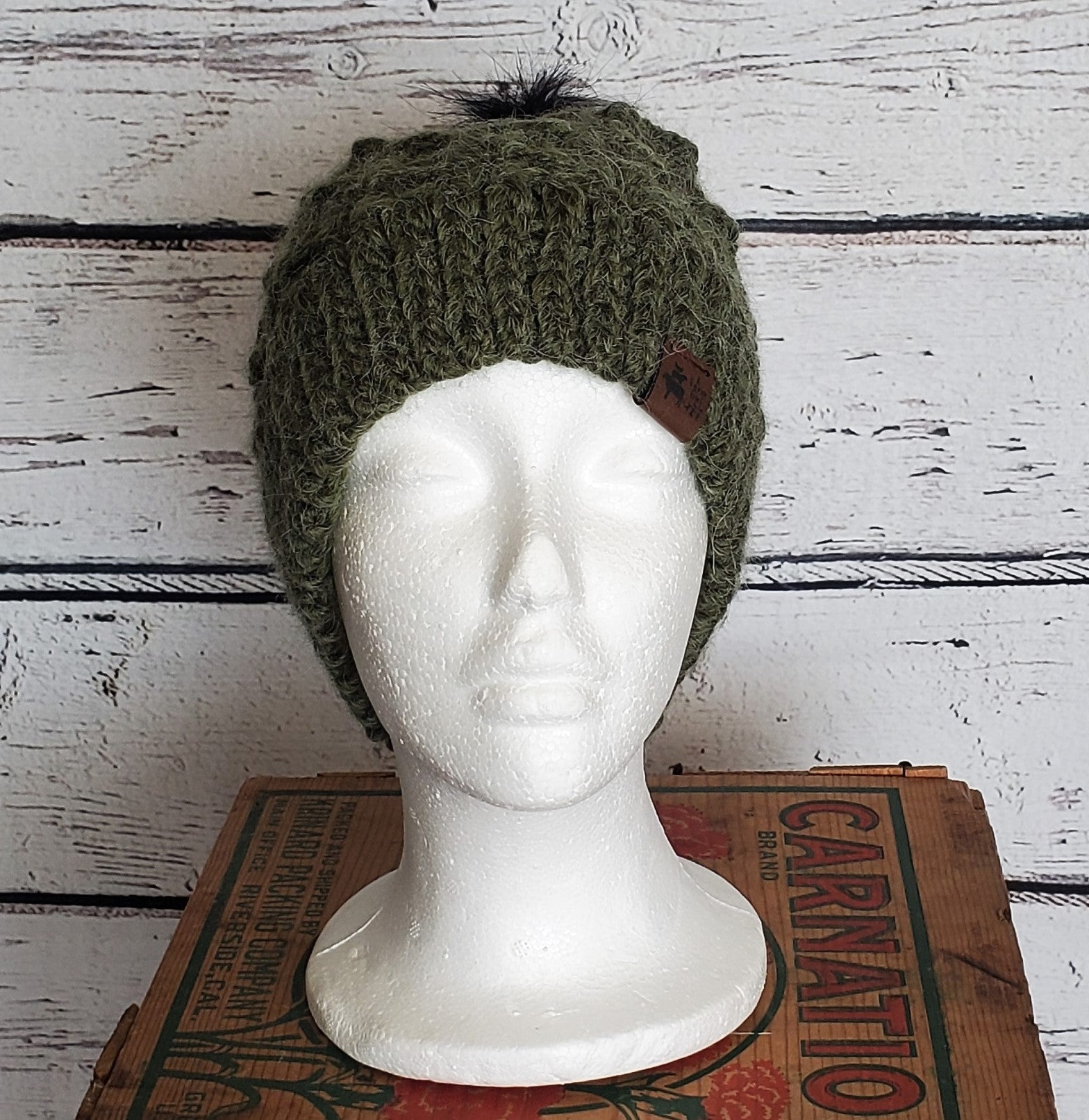 Green Alpaca Blend Wool Crochet Hat with Pom - a-Farm-girl-bytess | Handmade Alpaca Wool Winter Hats for Women