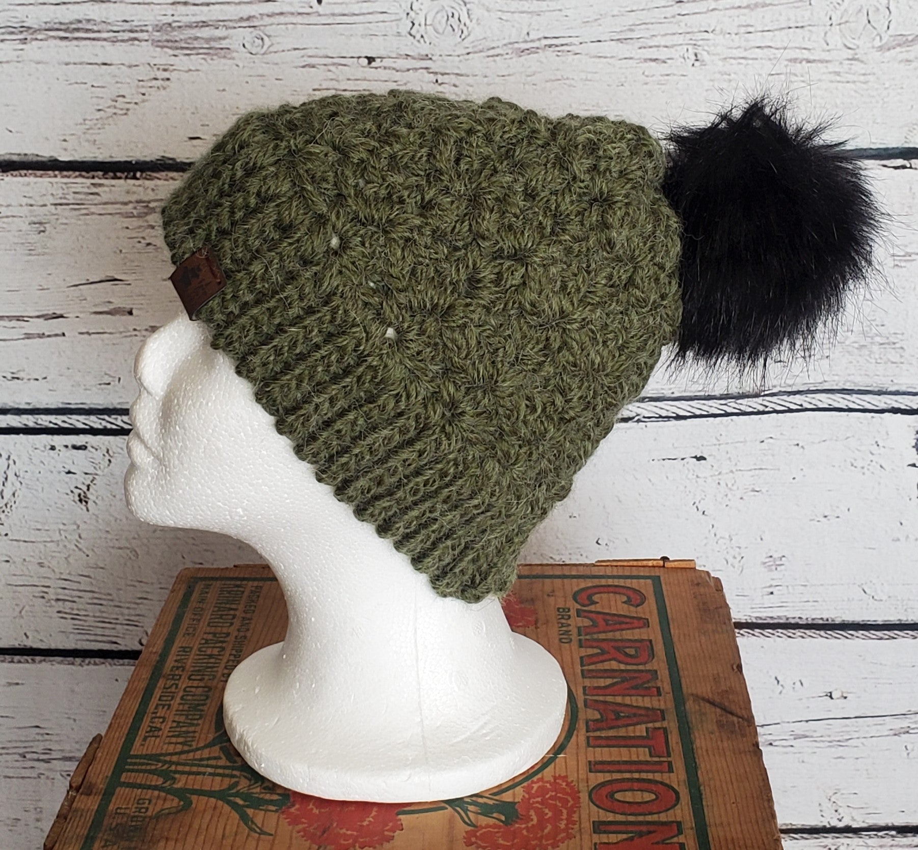 Green Alpaca Blend Wool Crochet Hat with Pom - a-Farm-girl-bytess | Handmade Alpaca Wool Winter Hats for Women