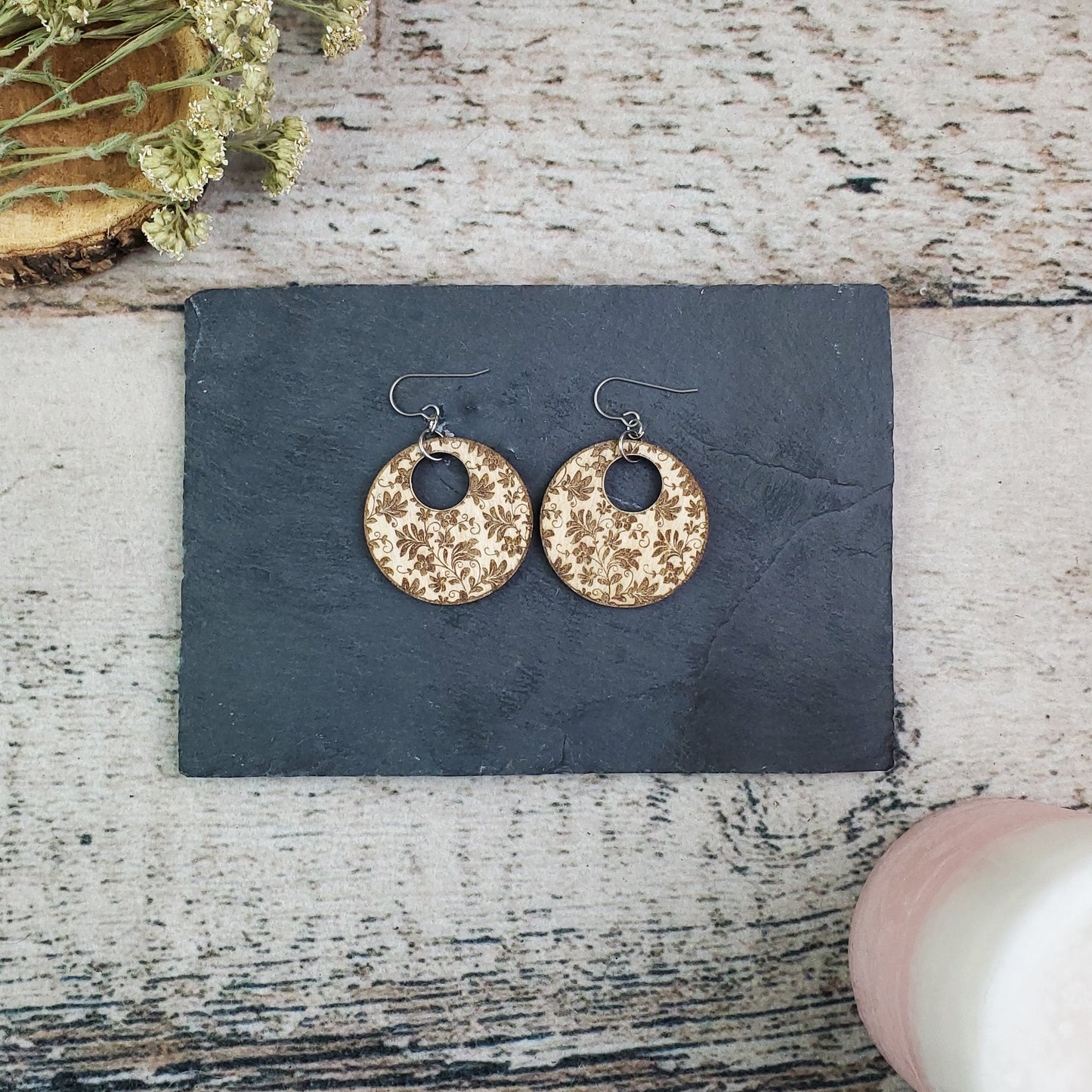 Large Circle Damask Engraved Wood Earrings - A Farm Girl by Tess | Handmade Alpaca Wool Winter Hats for Women