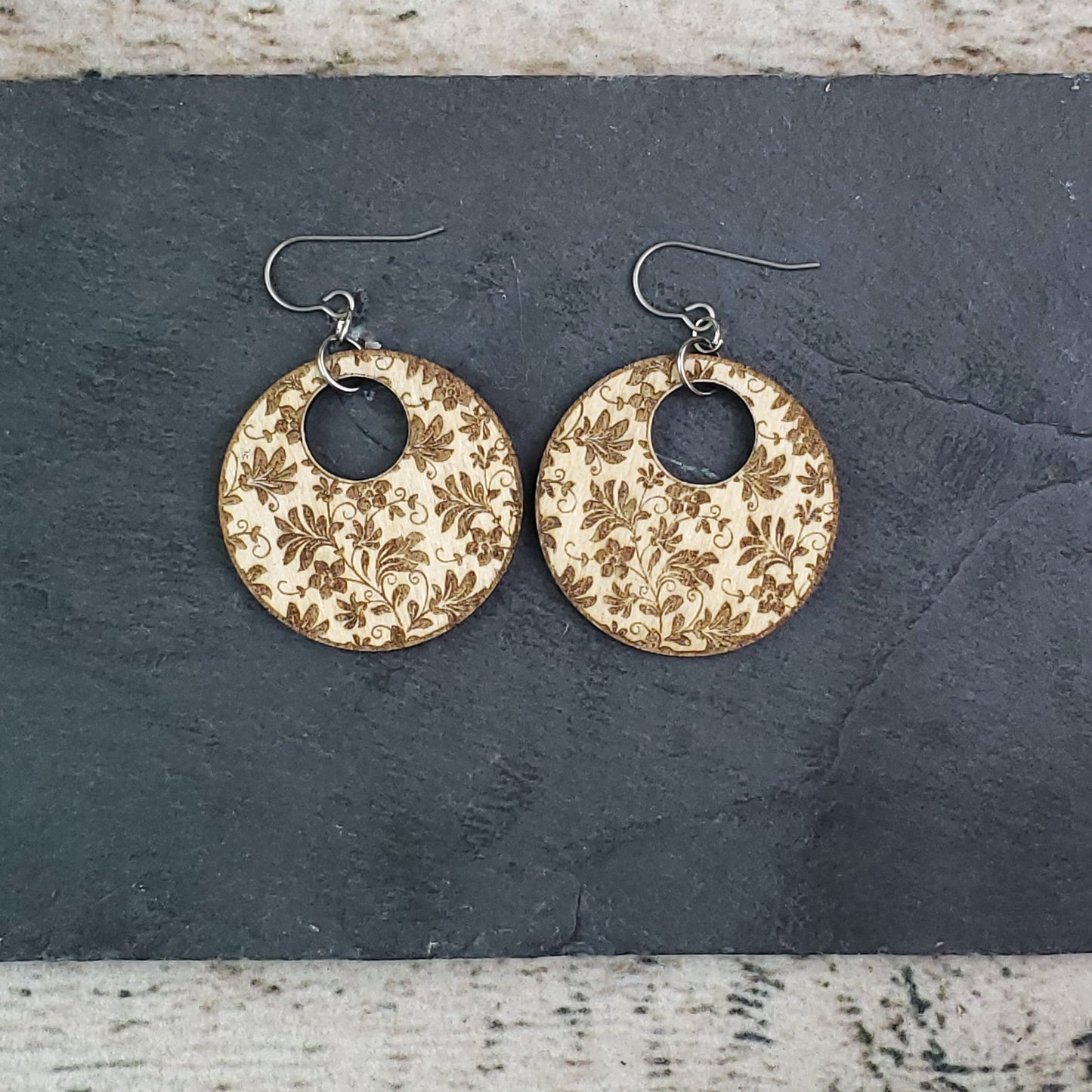 Large Circle Damask Engraved Wood Earrings - A Farm Girl by Tess | Handmade Alpaca Wool Winter Hats for Women