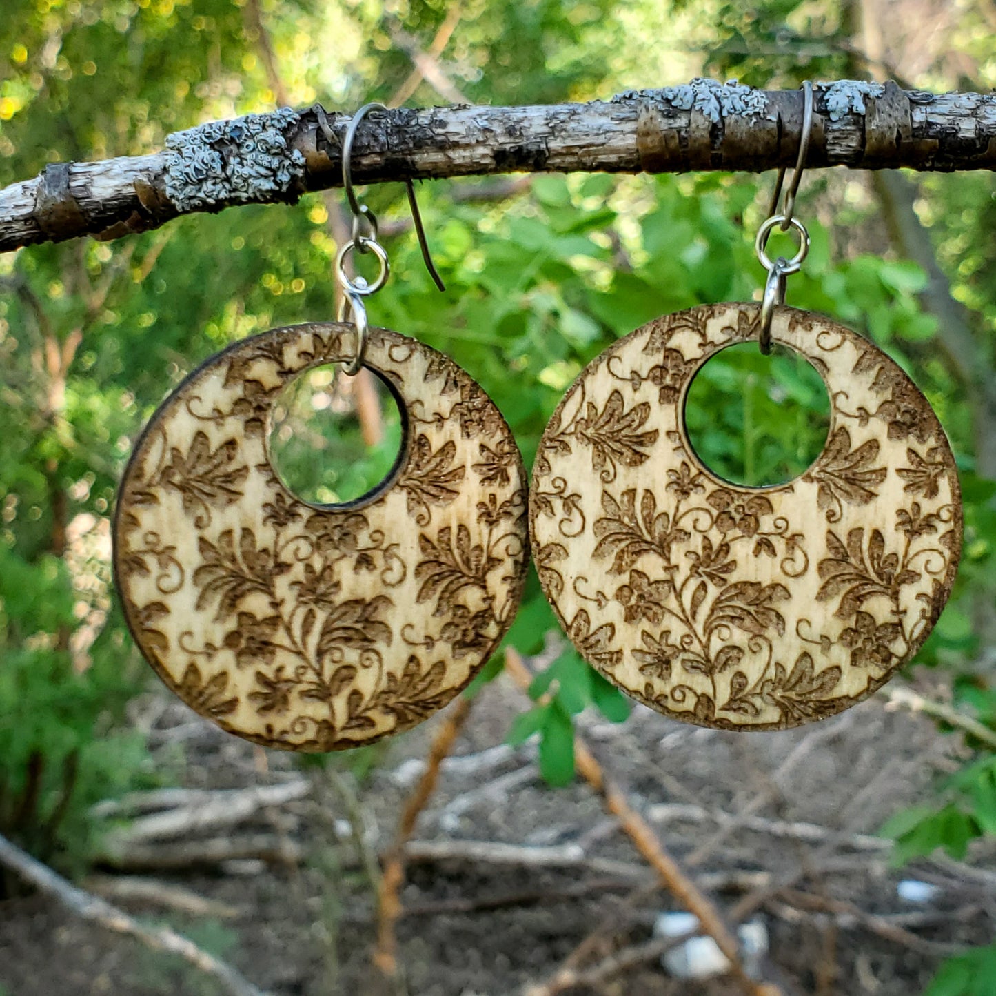 Large Circle Damask Engraved Wood Earrings - A Farm Girl by Tess | Handmade Alpaca Wool Winter Hats for Women