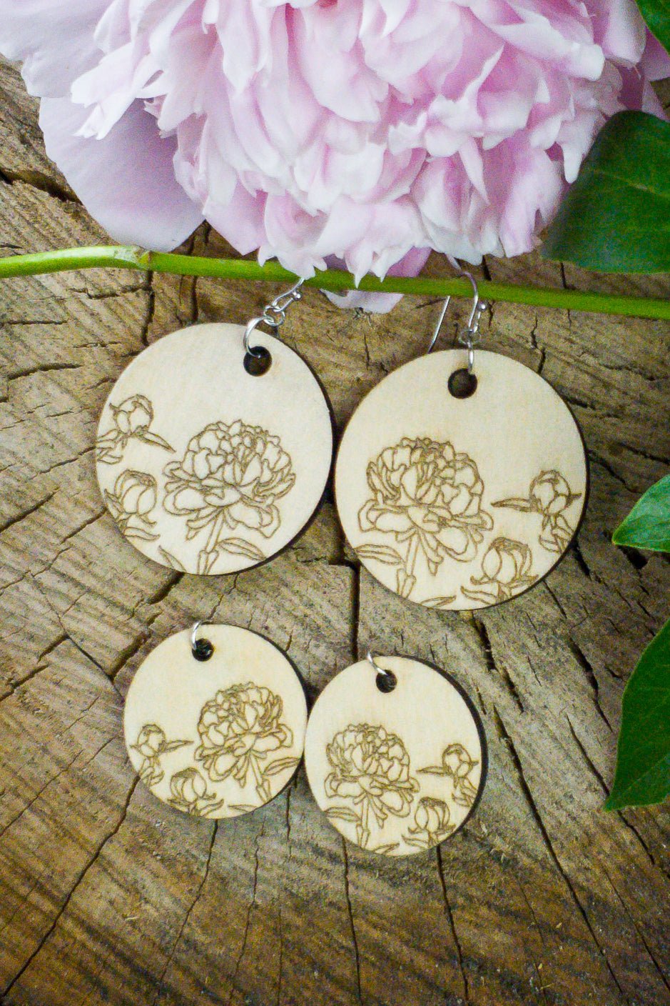 Large Circle Peony Engraved Wood Earrings - A Farm Girl by Tess | Handmade Alpaca Wool Winter Hats for Women