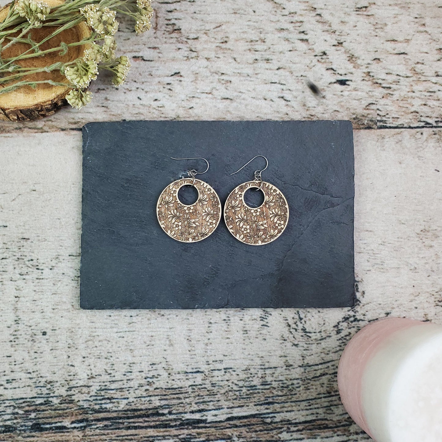 Large Damask Engraved Wood Earrings - A Farm Girl by Tess | Handmade Alpaca Wool Winter Hats for Women