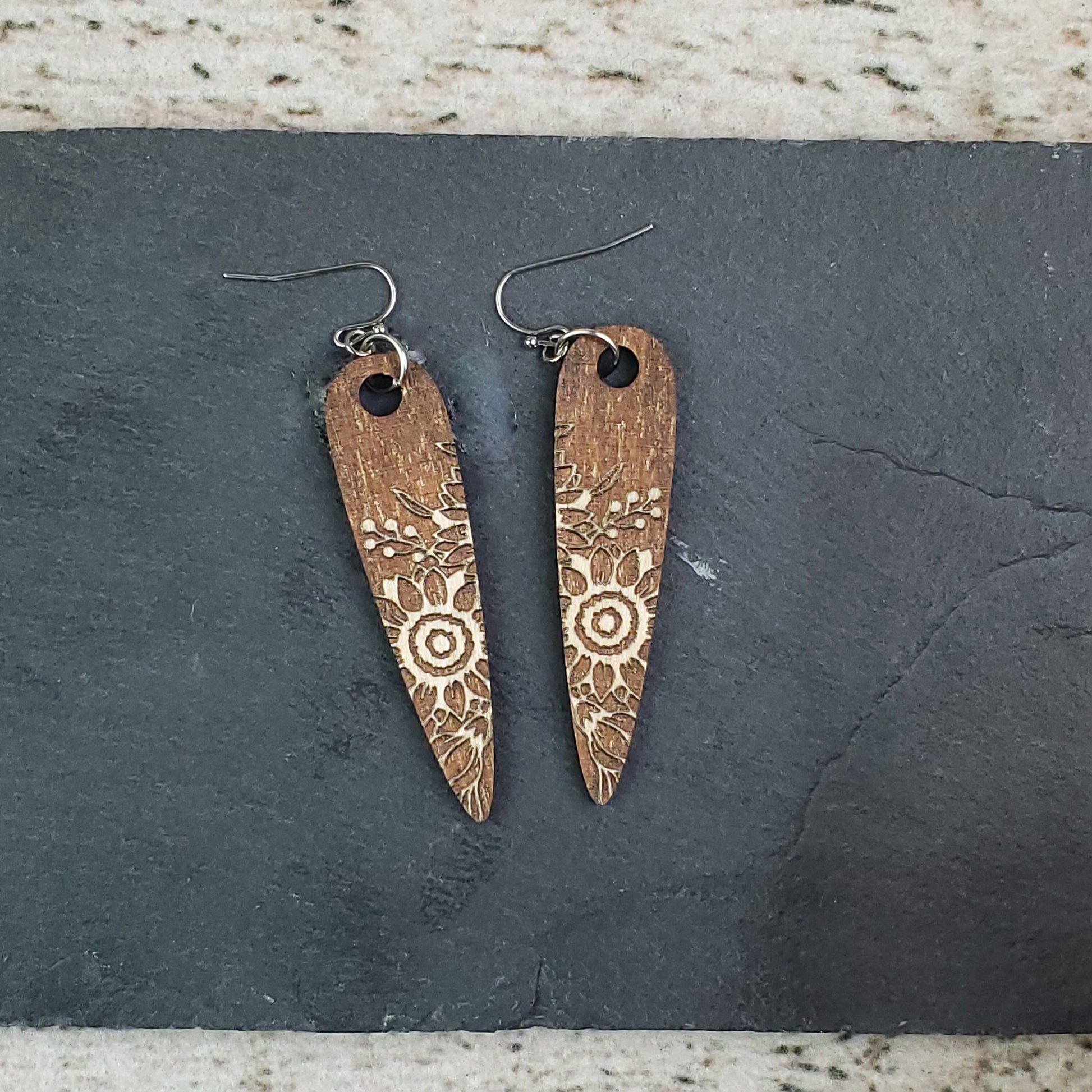 Large Drop Sunflower Engraved Wood Earrings - A Farm Girl by Tess | Handmade Alpaca Wool Winter Hats for Women