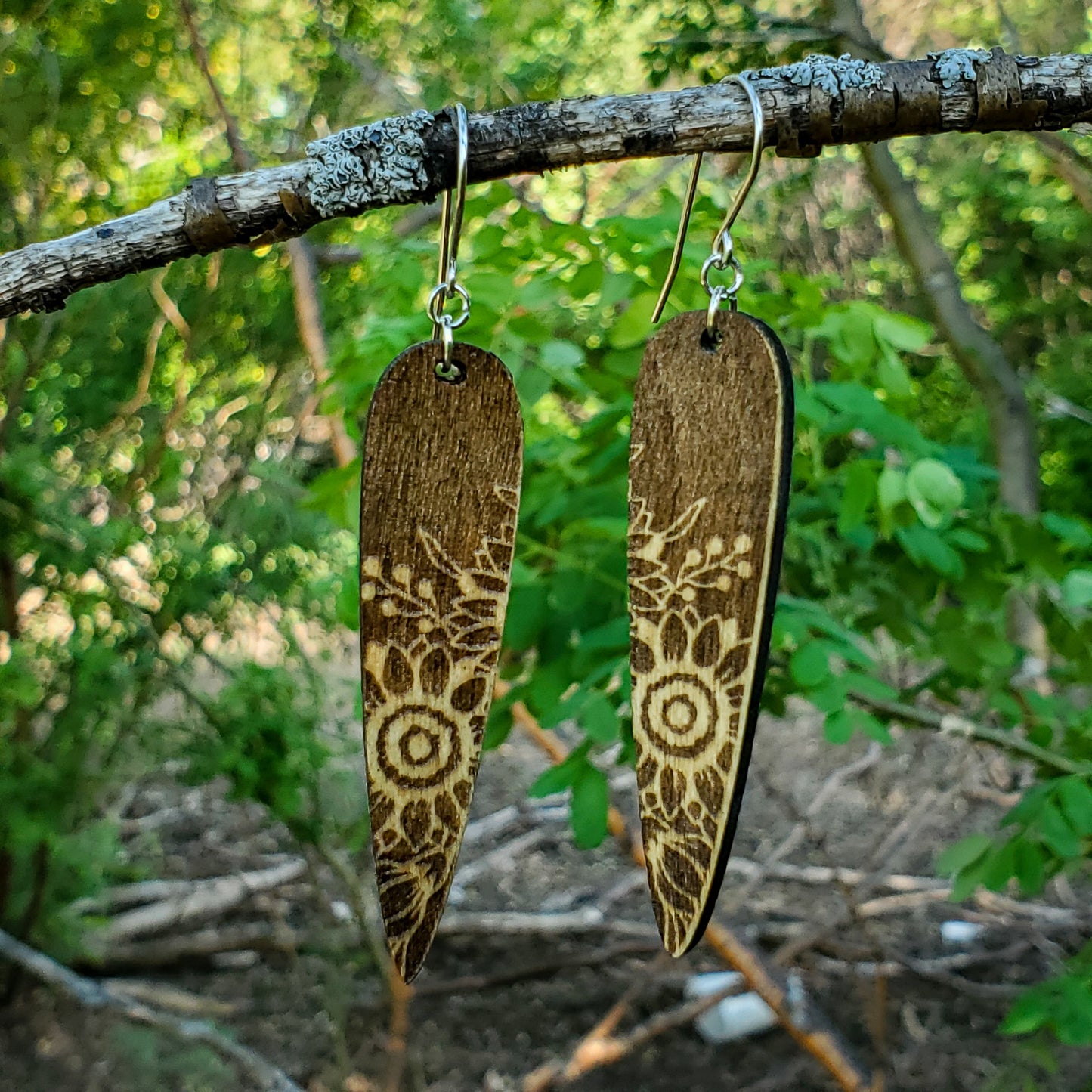 Large Drop Sunflower Engraved Wood Earrings - A Farm Girl by Tess | Handmade Alpaca Wool Winter Hats for Women