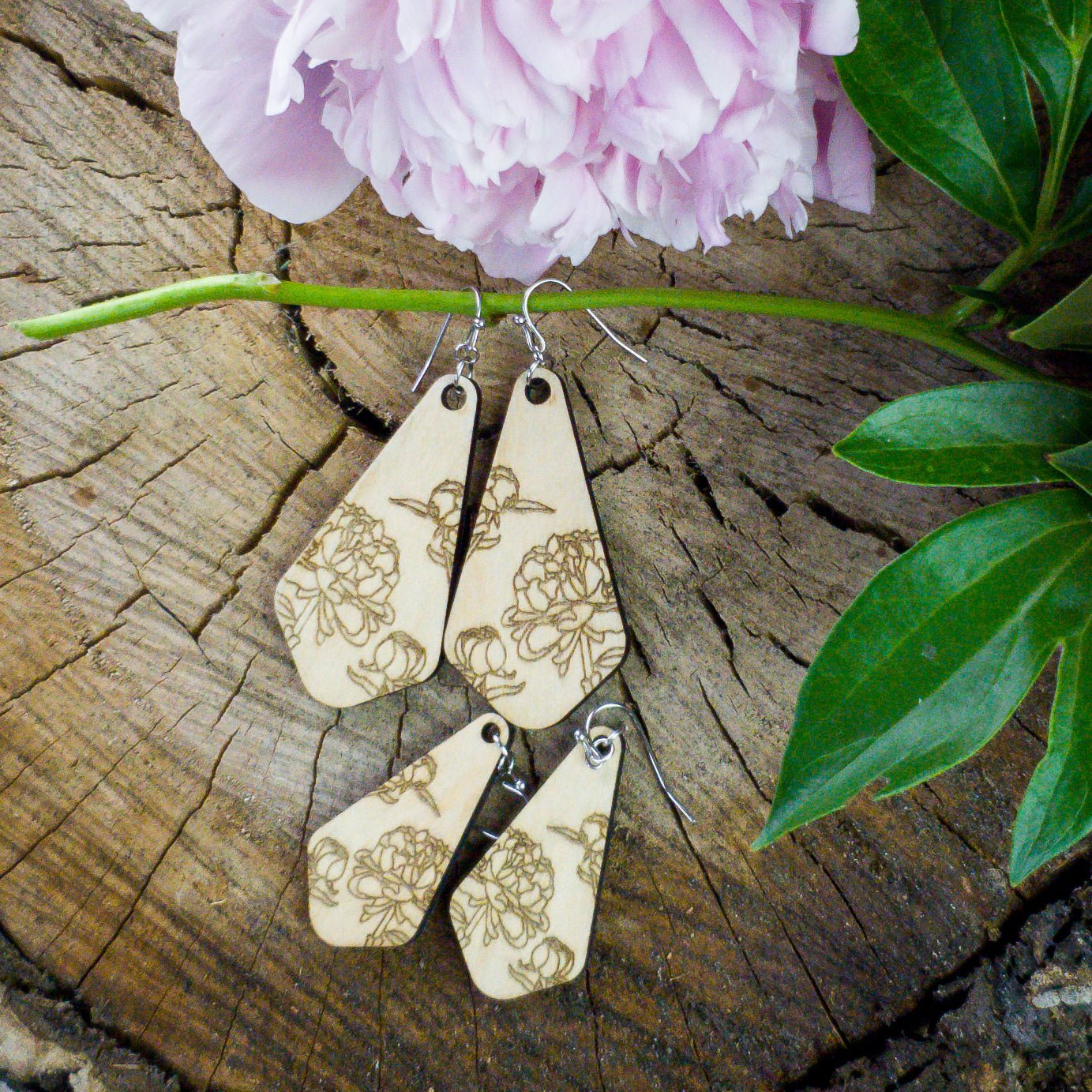 Large Peony Engraved Wood Earrings - A Farm Girl by Tess | Handmade Alpaca Wool Winter Hats for Women