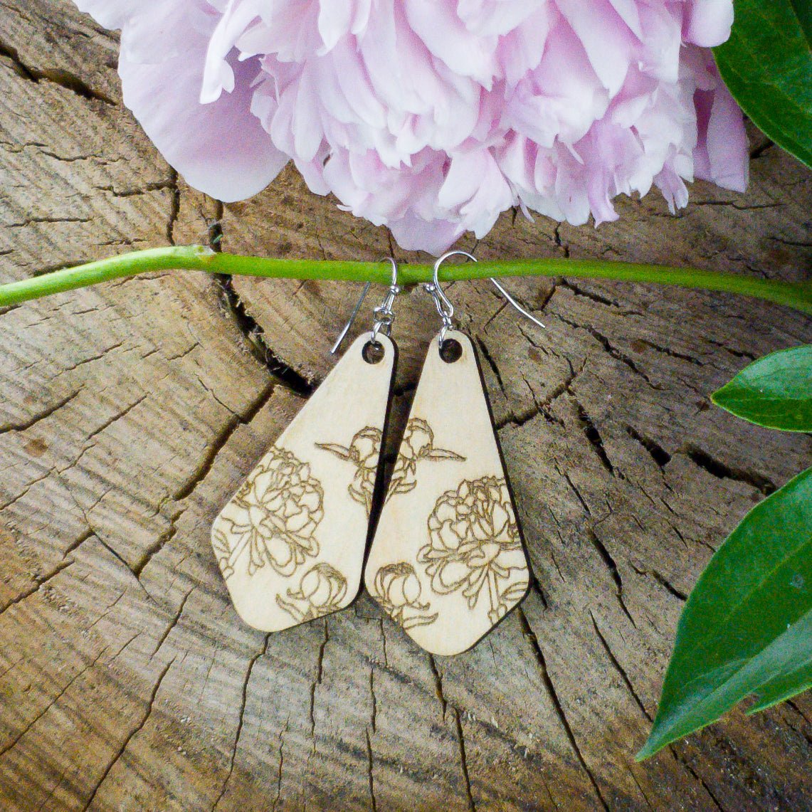 Large Peony Engraved Wood Earrings - A Farm Girl by Tess | Handmade Alpaca Wool Winter Hats for Women