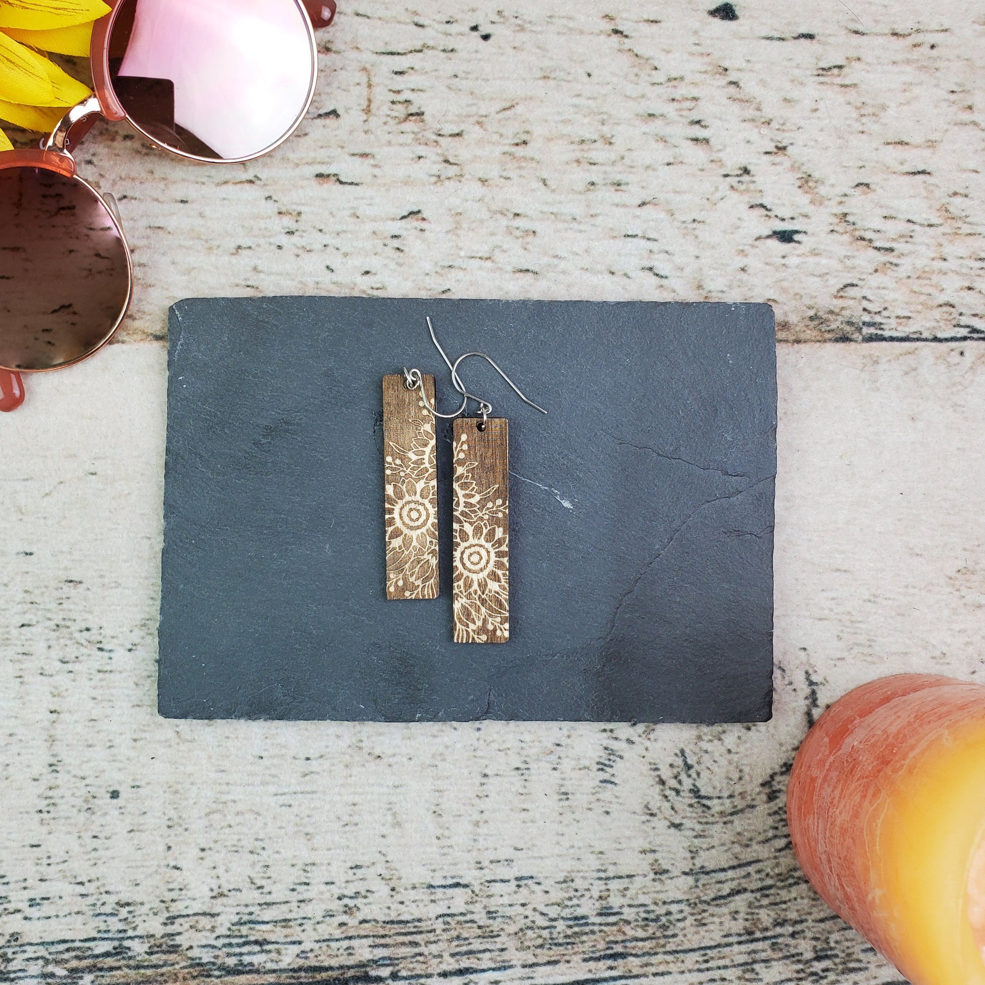 Large Rectangle Sunflower Engraved Wooden Earrings - A Farm Girl by Tess | Handmade Alpaca Wool Winter Hats for Women