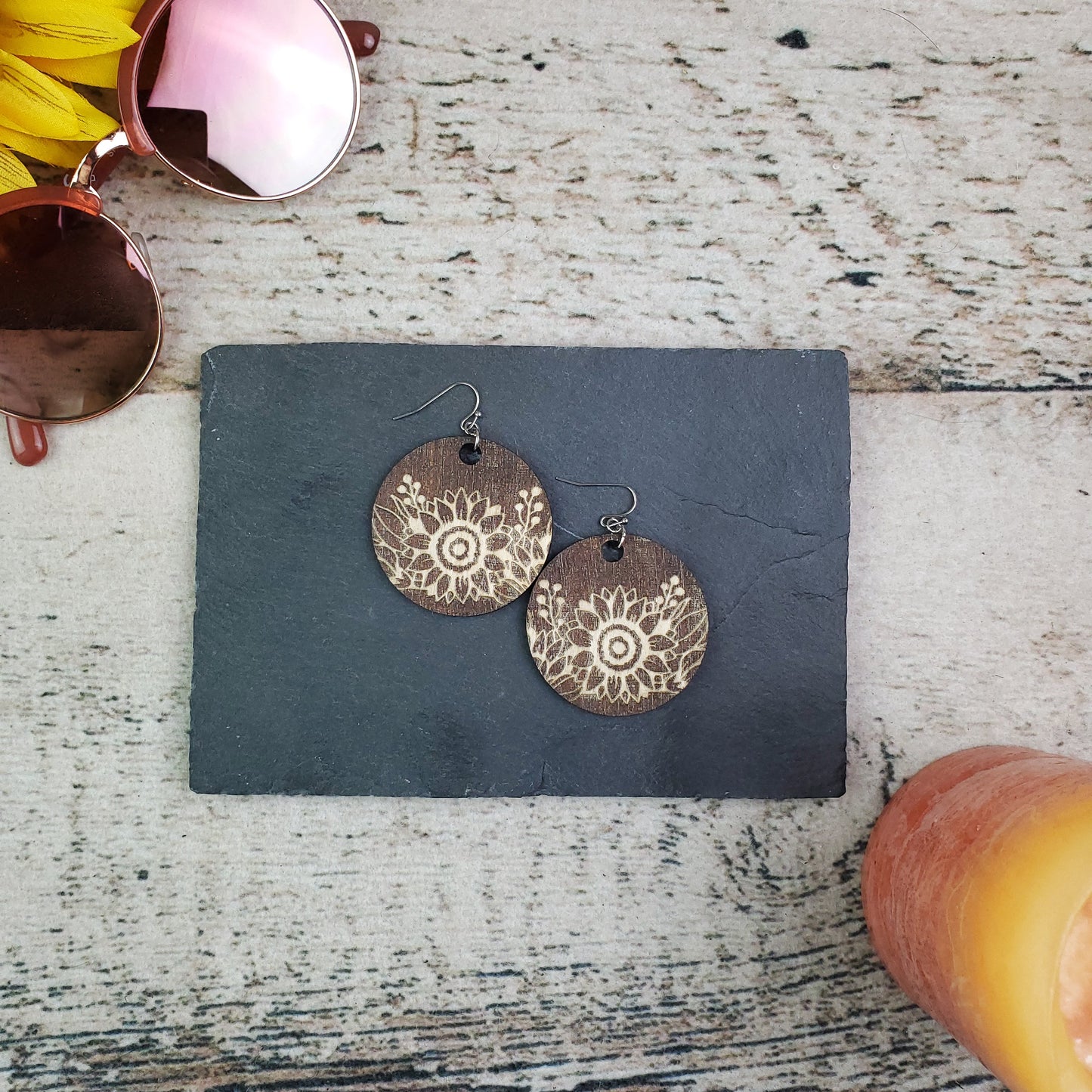 Large Sunflower Circle Reverse Wood Engraved Earrings - A Farm Girl by Tess | Handmade Alpaca Wool Winter Hats for Women