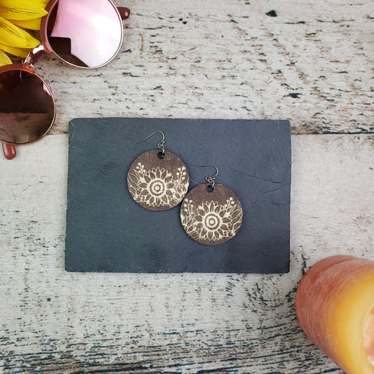 Large Sunflower Circle Reverse Wood Engraved Earrings - A Farm Girl by Tess | Handmade Alpaca Wool Winter Hats for Women