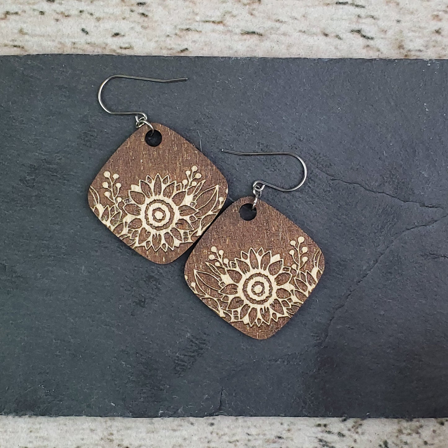 Large Sunflower Diamond Reverse Engraved Wood Earrings - A Farm Girl by Tess | Handmade Alpaca Wool Winter Hats for Women