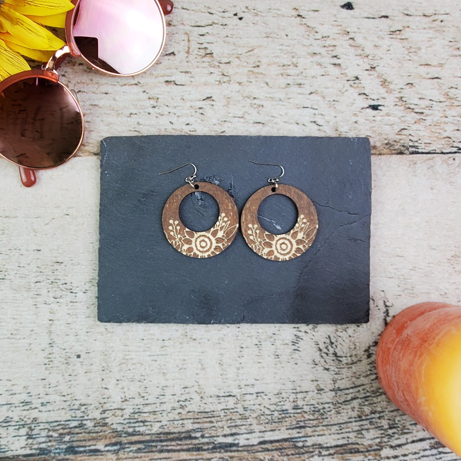 Large Sunflower Engraved Wood Earrings - A Farm Girl by Tess | Handmade Alpaca Wool Winter Hats for Women