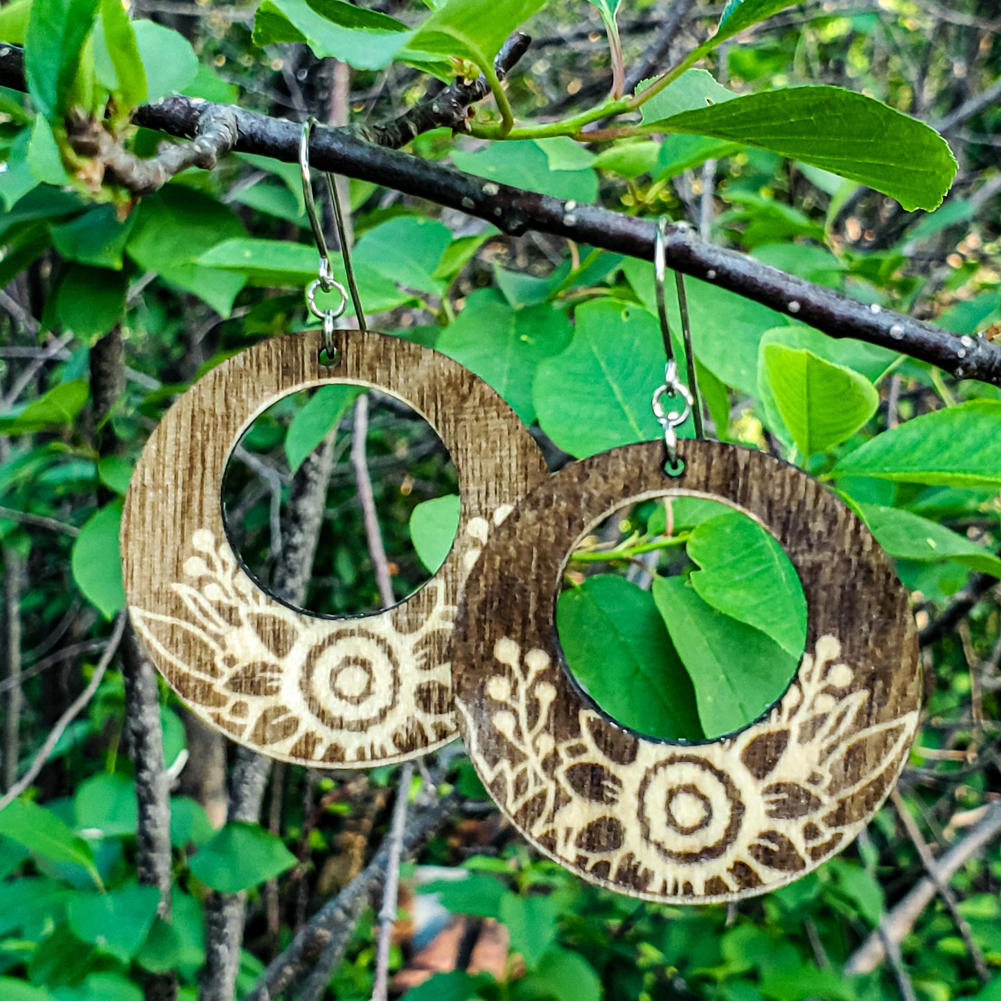 Large Sunflower Engraved Wood Earrings - A Farm Girl by Tess | Handmade Alpaca Wool Winter Hats for Women