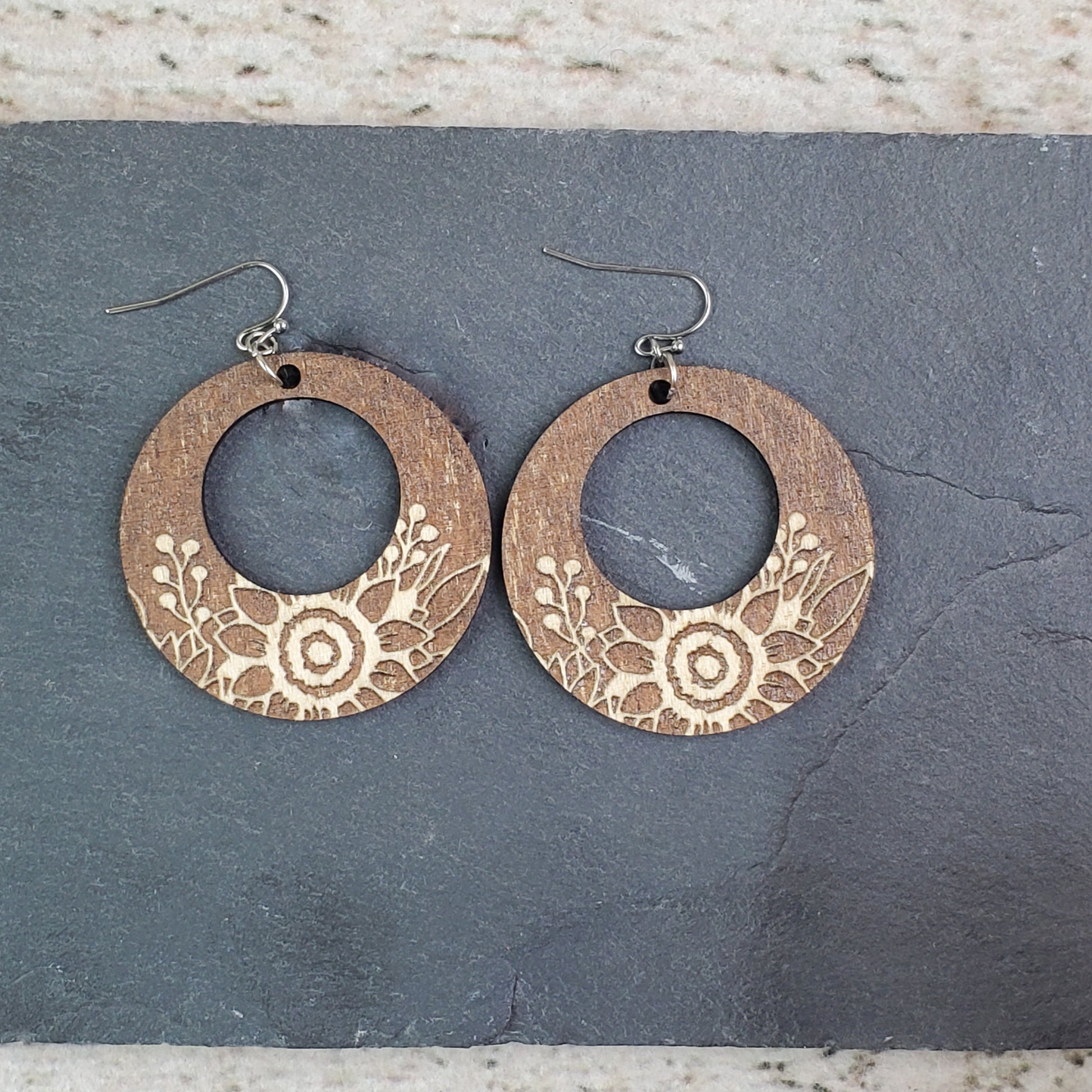 Large Sunflower Engraved Wood Earrings - A Farm Girl by Tess | Handmade Alpaca Wool Winter Hats for Women