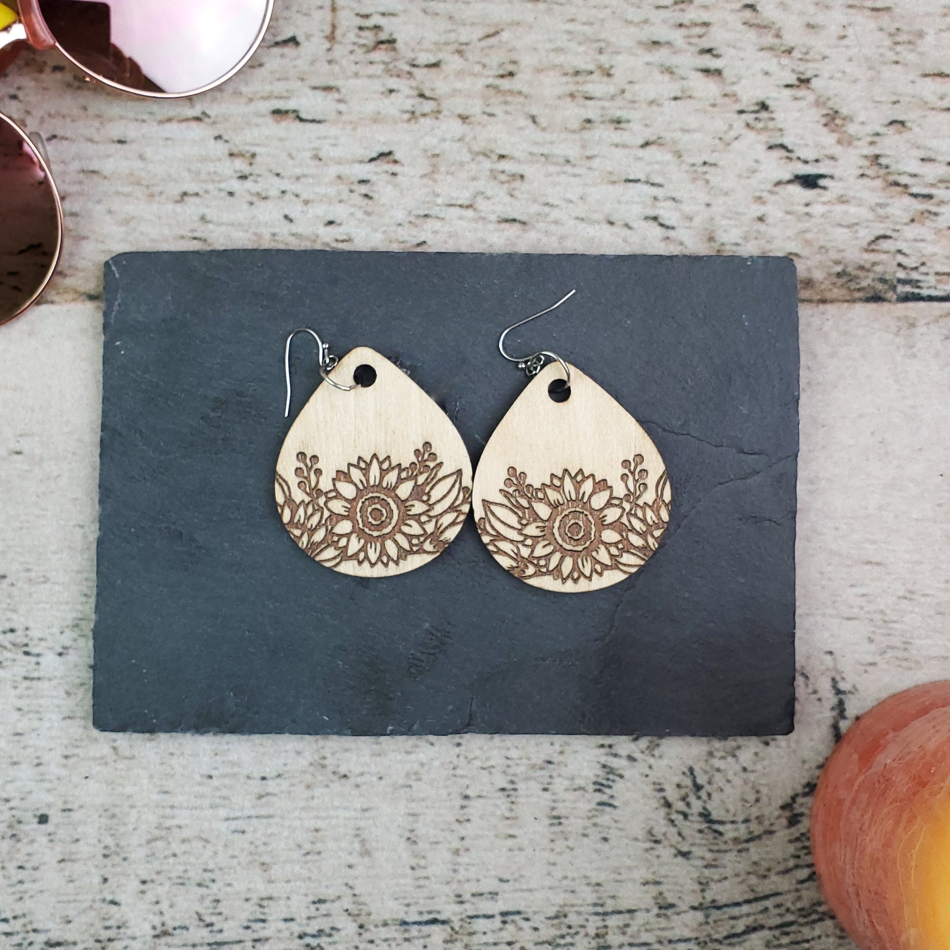 Large Sunflower Teardrop Wood Engraved Earrings - A Farm Girl by Tess | Handmade Alpaca Wool Winter Hats for Women