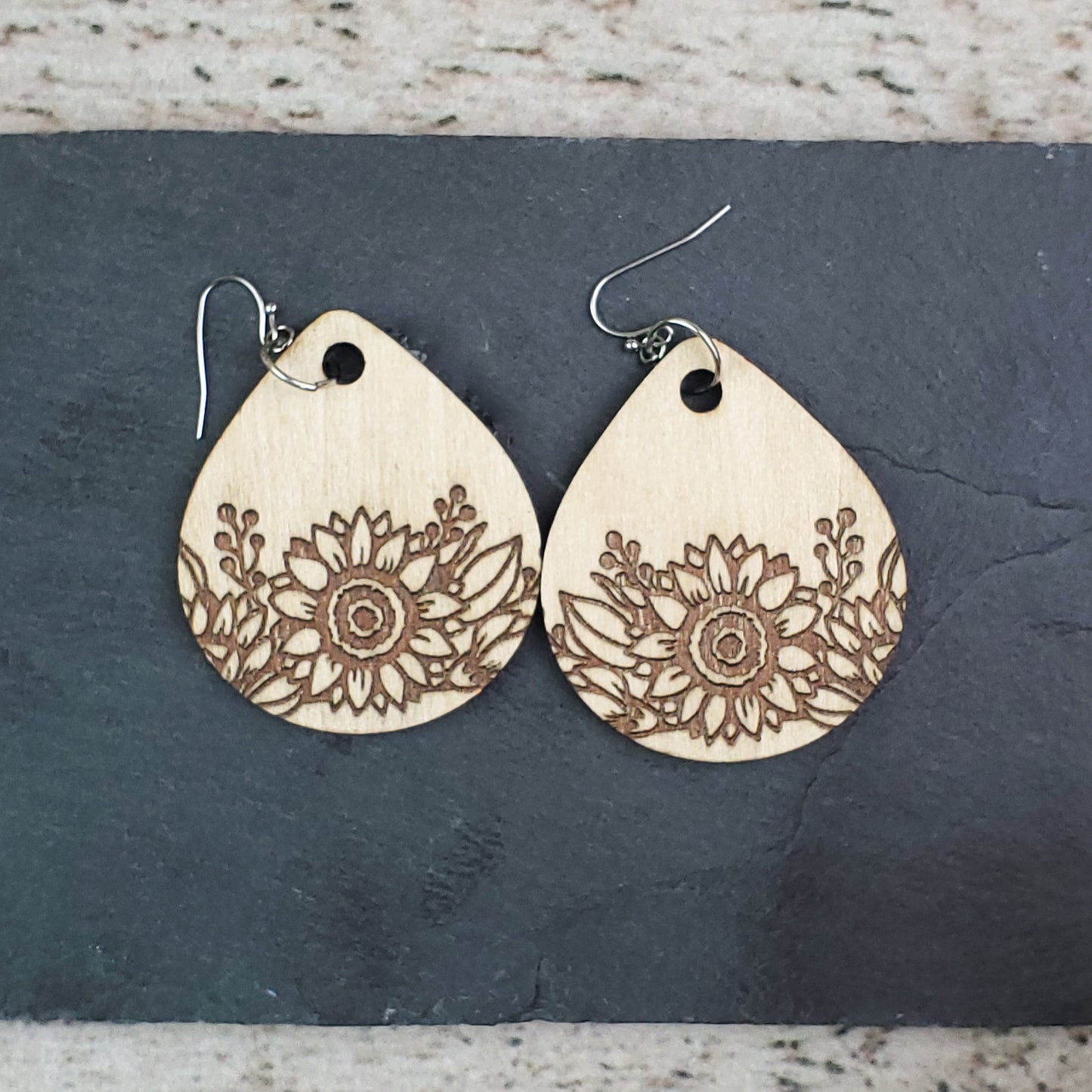 Large Sunflower Teardrop Wood Engraved Earrings - A Farm Girl by Tess | Handmade Alpaca Wool Winter Hats for Women