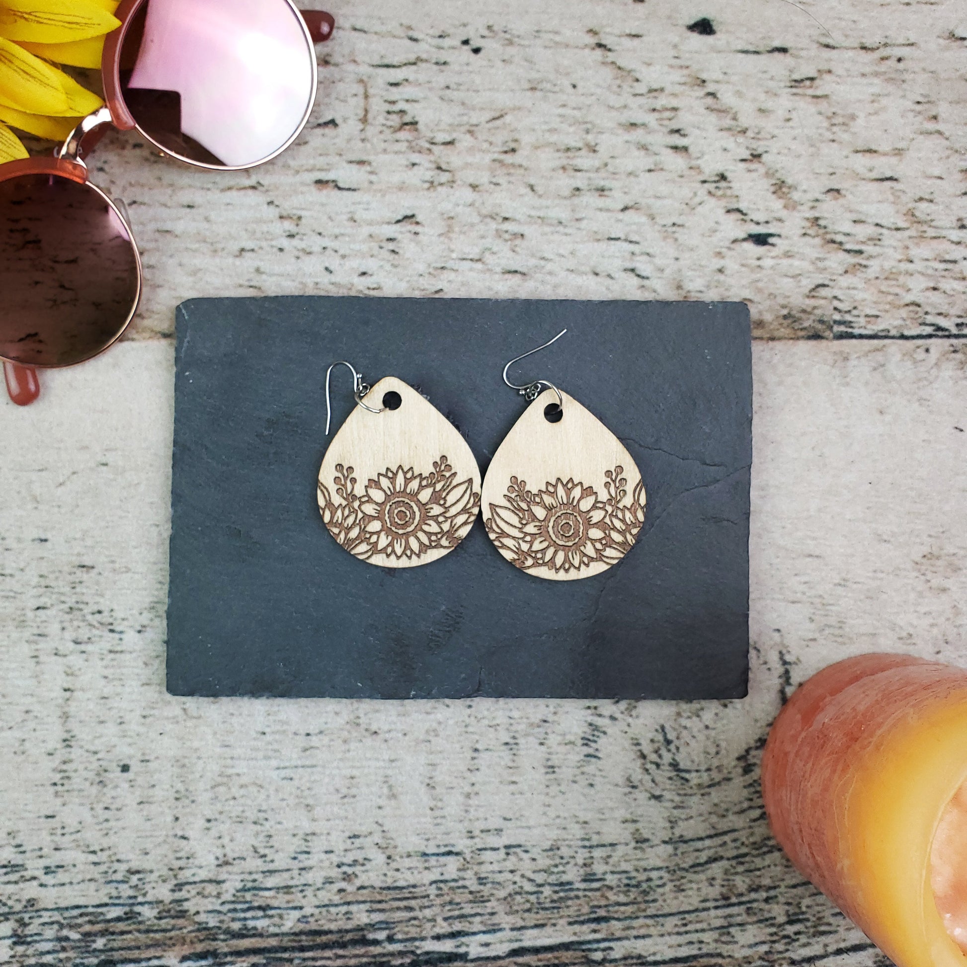 Large Sunflower Teardrop Wood Engraved Earrings - A Farm Girl by Tess | Handmade Alpaca Wool Winter Hats for Women