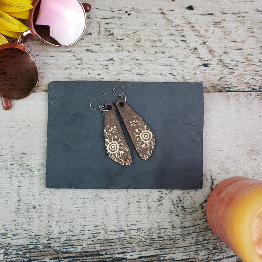 Large Sunflower Wood Reverse Engraved Earrings - A Farm Girl by Tess | Handmade Alpaca Wool Winter Hats for Women