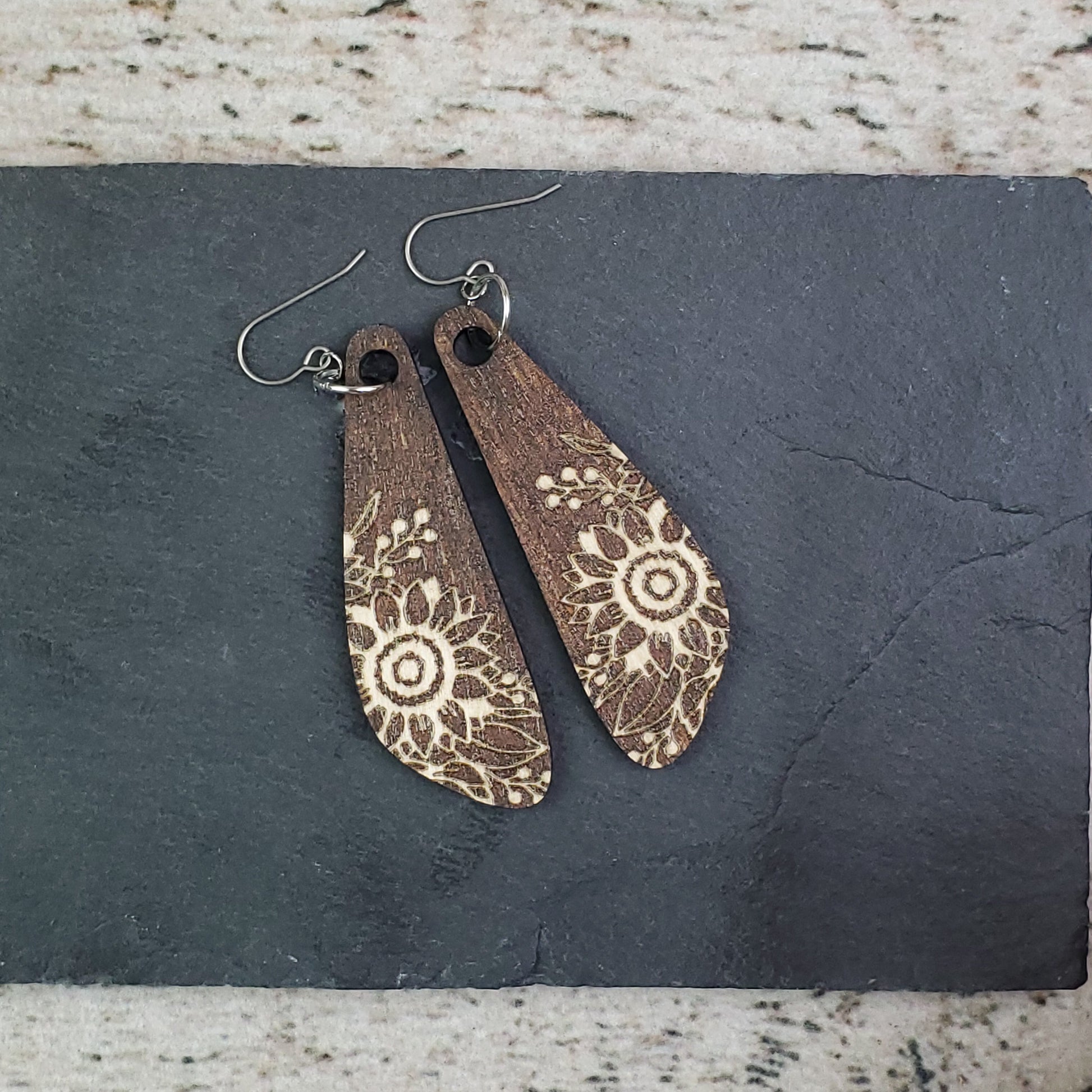 Large Sunflower Wood Reverse Engraved Earrings - A Farm Girl by Tess | Handmade Alpaca Wool Winter Hats for Women