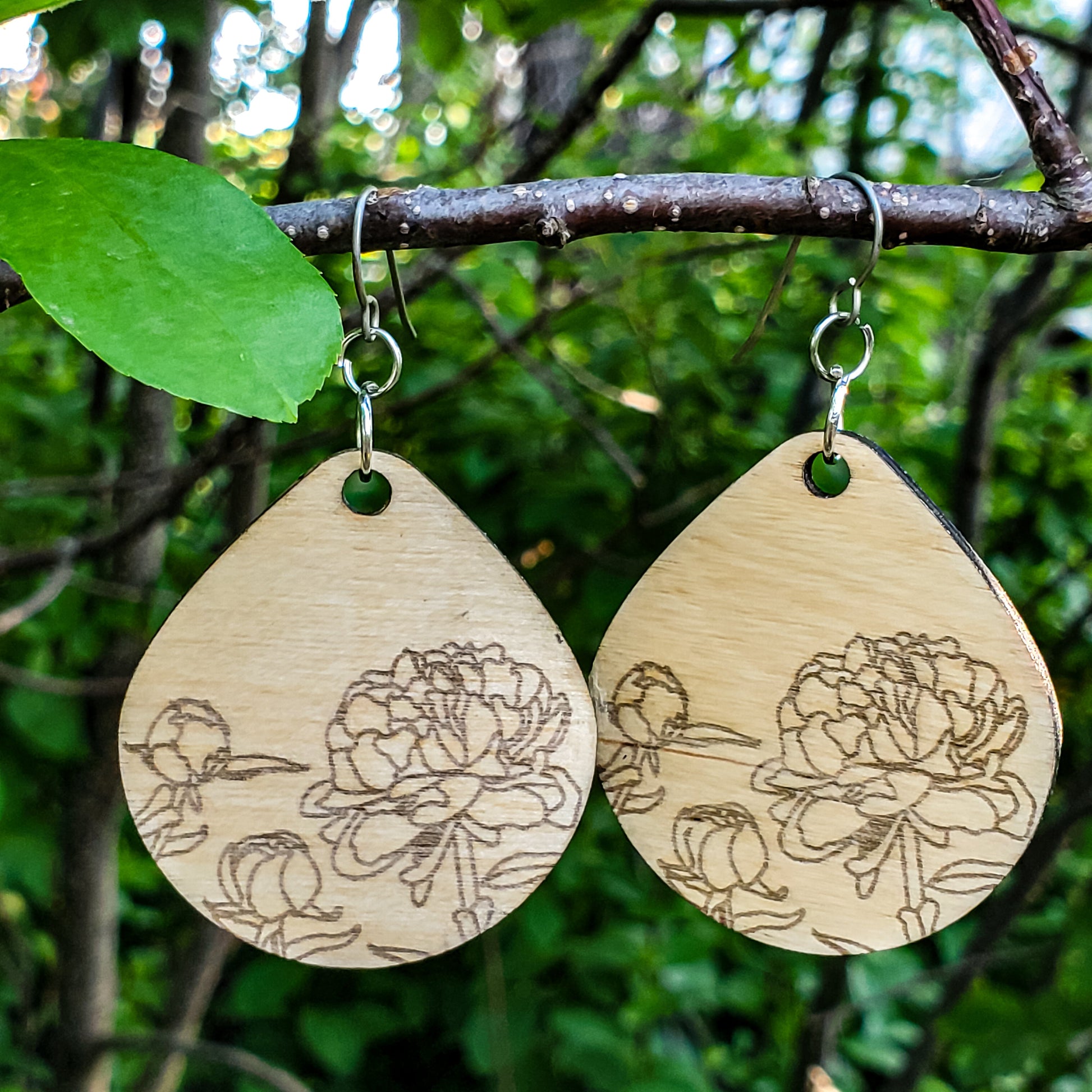 Large Teardrop Peony Engraved Wood Earrings - A Farm Girl by Tess | Handmade Alpaca Wool Winter Hats for Women