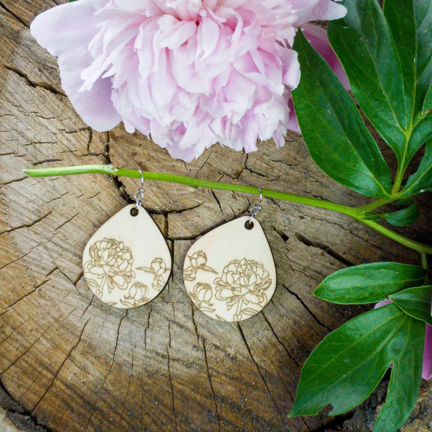 Large Teardrop Peony Engraved Wood Earrings - A Farm Girl by Tess | Handmade Alpaca Wool Winter Hats for Women