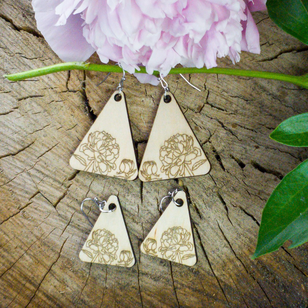 Large Triangle Peony Engraved Wood Earrings - A Farm Girl by Tess | Handmade Alpaca Wool Winter Hats for Women