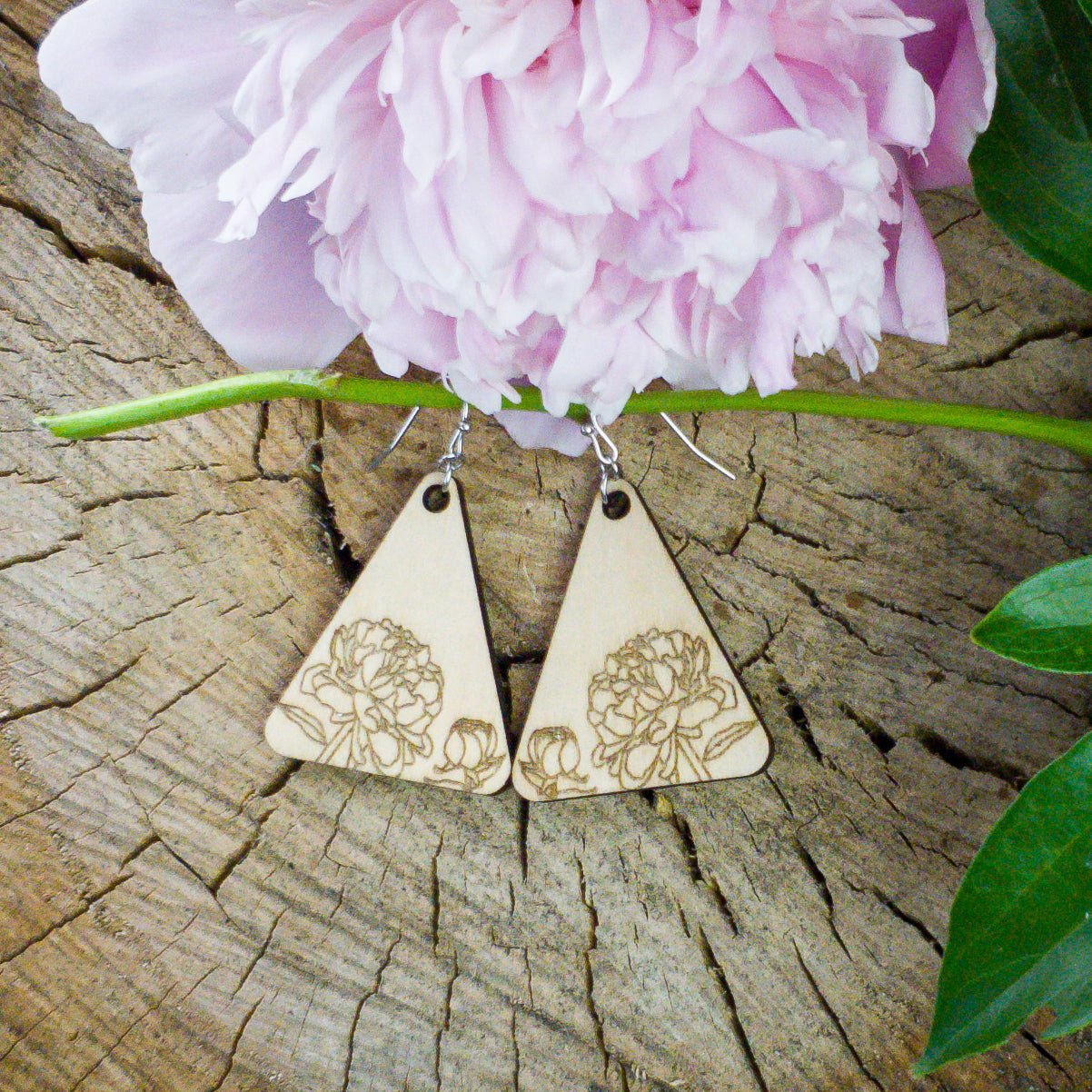 Large Triangle Peony Engraved Wood Earrings - A Farm Girl by Tess | Handmade Alpaca Wool Winter Hats for Women