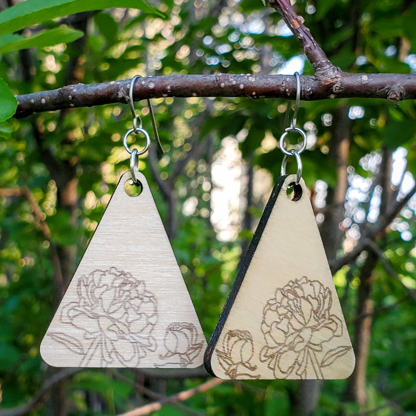 Large Triangle Peony Engraved Wood Earrings - A Farm Girl by Tess | Handmade Alpaca Wool Winter Hats for Women