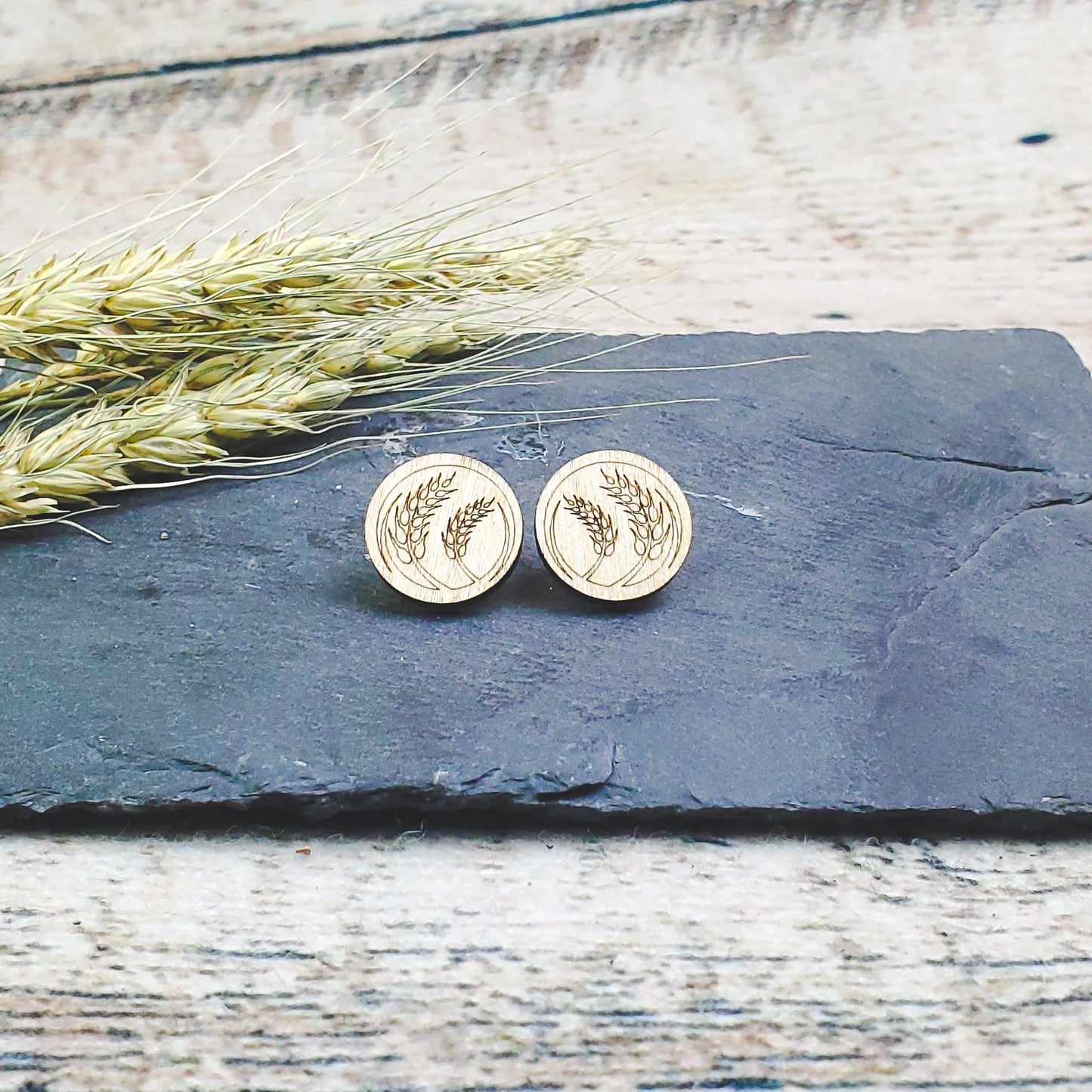 Large Wheat Engraved Wood Earring Posts - A Farm Girl by Tess | Handmade Alpaca Wool Winter Hats for Women