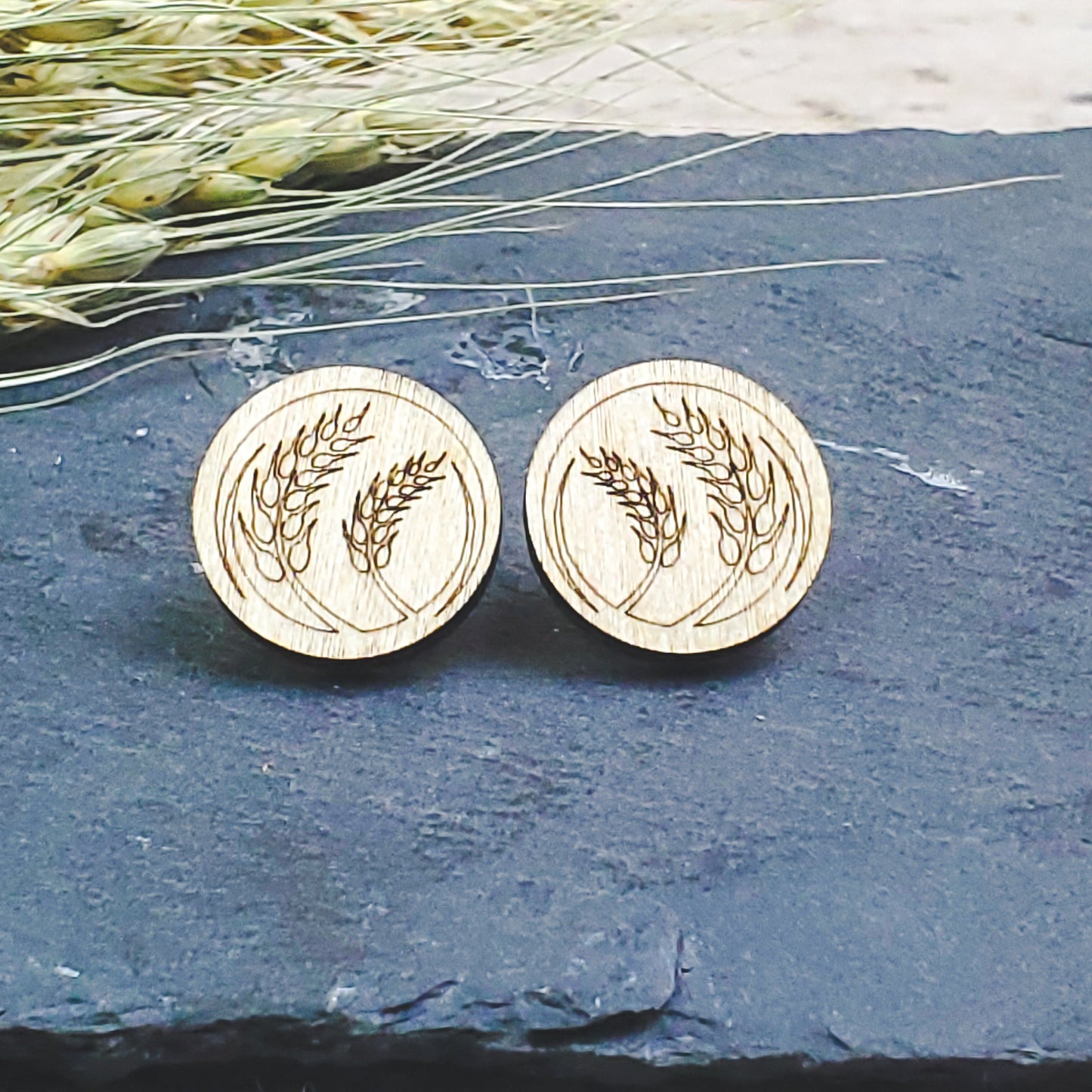 Large Wheat Engraved Wood Earring Posts - A Farm Girl by Tess | Handmade Alpaca Wool Winter Hats for Women