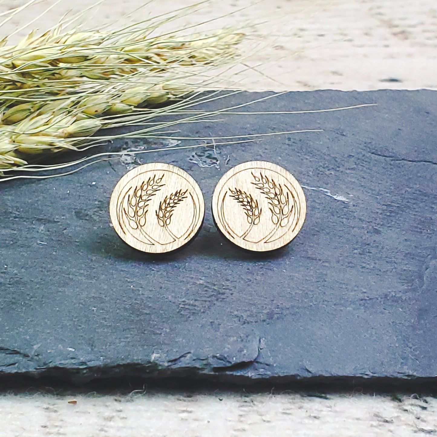 Large Wheat Engraved Wood Earring Posts - A Farm Girl by Tess | Handmade Alpaca Wool Winter Hats for Women