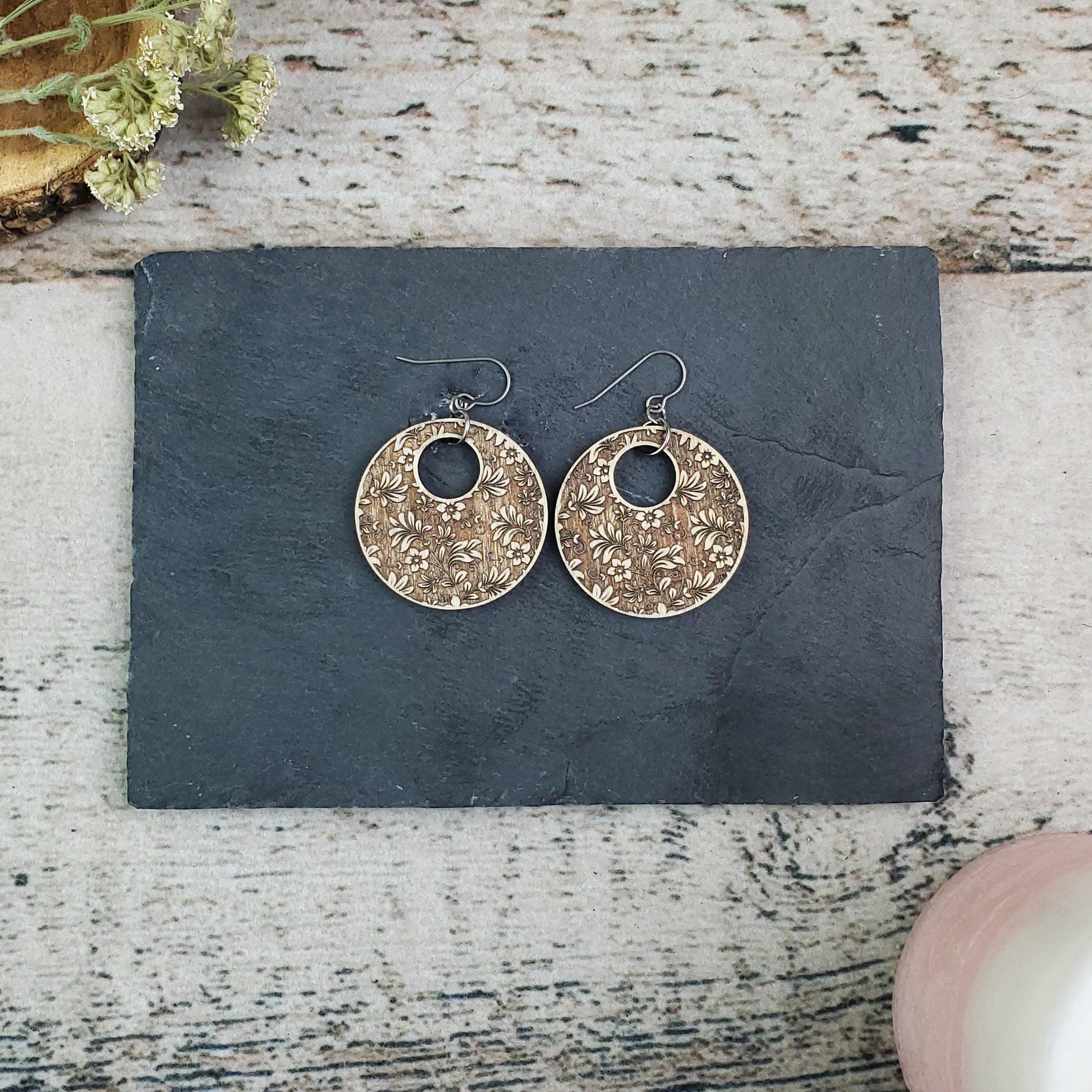 Paired Stud and Dangle Damask Engraved Wood Earrings - A Farm Girl by Tess | Handmade Alpaca Wool Winter Hats for Women