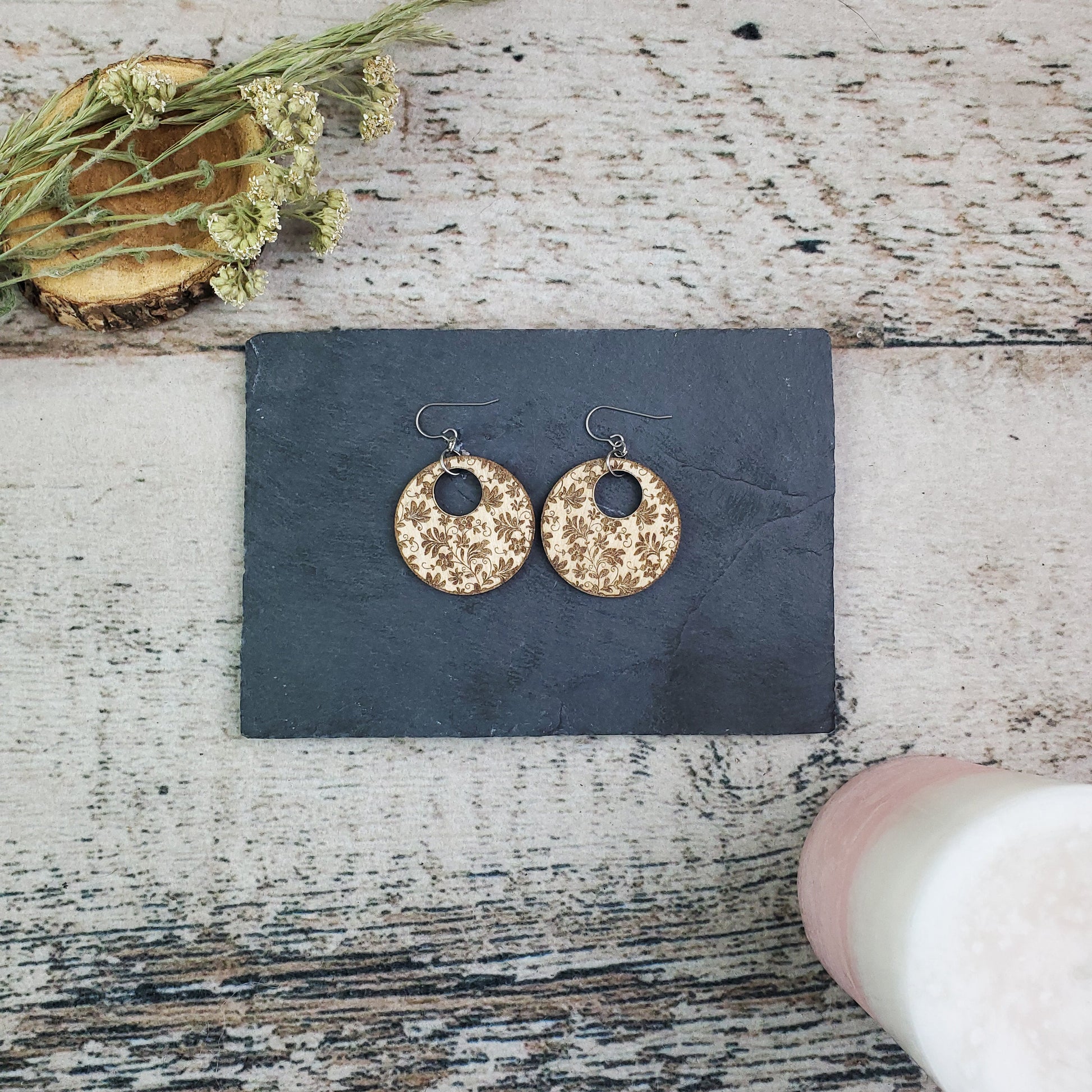 Paired Stud and Dangle Damask Engraved Wood Earrings - A Farm Girl by Tess | Handmade Alpaca Wool Winter Hats for Women