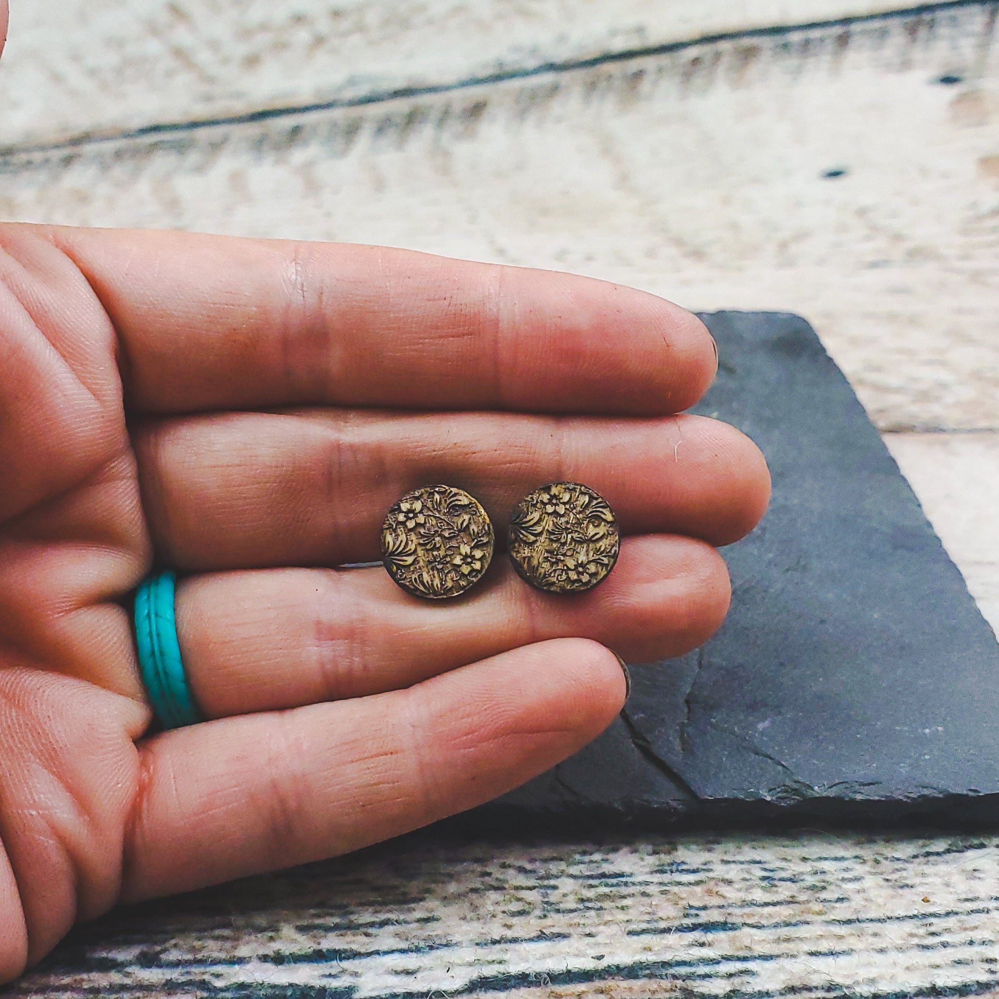 Paired Stud and Dangle Damask Engraved Wood Earrings - A Farm Girl by Tess | Handmade Alpaca Wool Winter Hats for Women